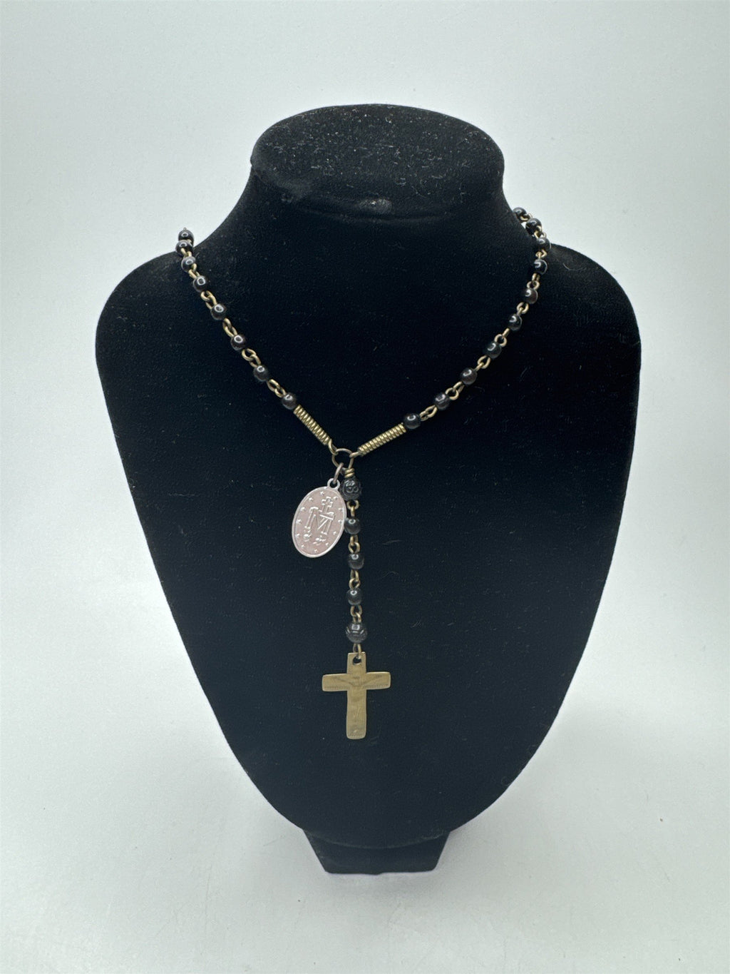 Vintage INRI Black Beaded Rosary and Cross Miraculous Pendant Catholic Rosary