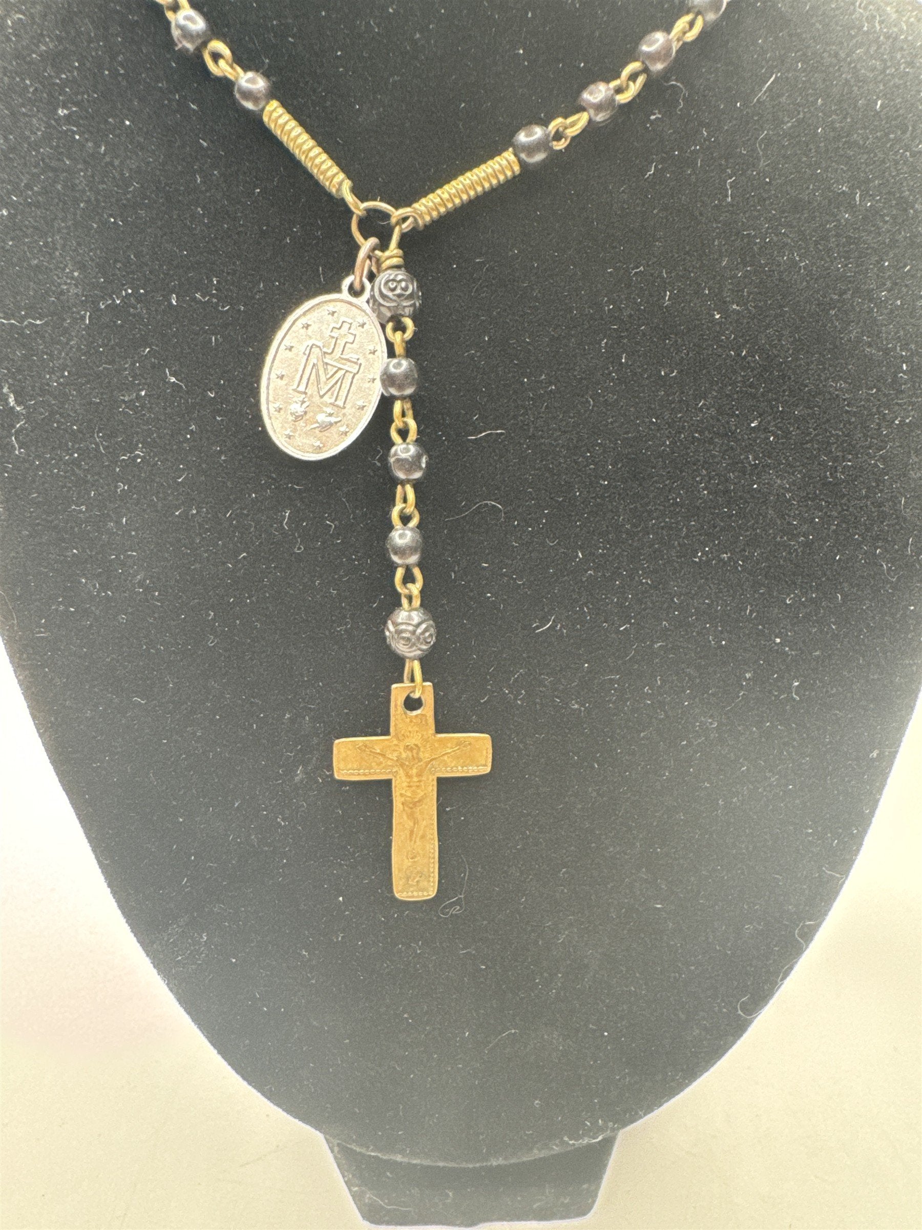 Vintage INRI Black Beaded Rosary and Cross Miraculous Pendant Catholic Rosary
