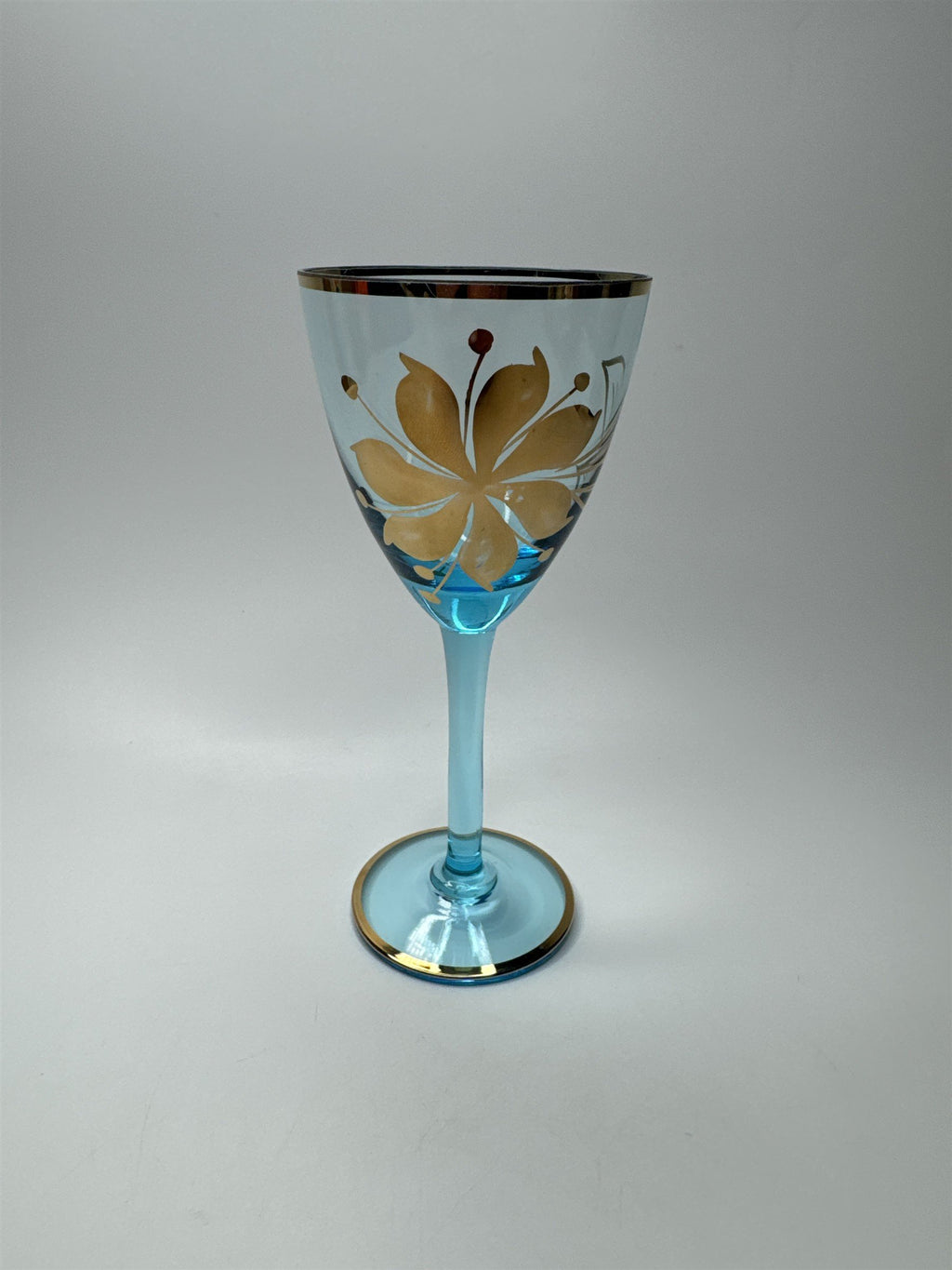 Vintage MCM Sherry Turquoise and Gold Floral Stem Glasses /w Gold Embellishment