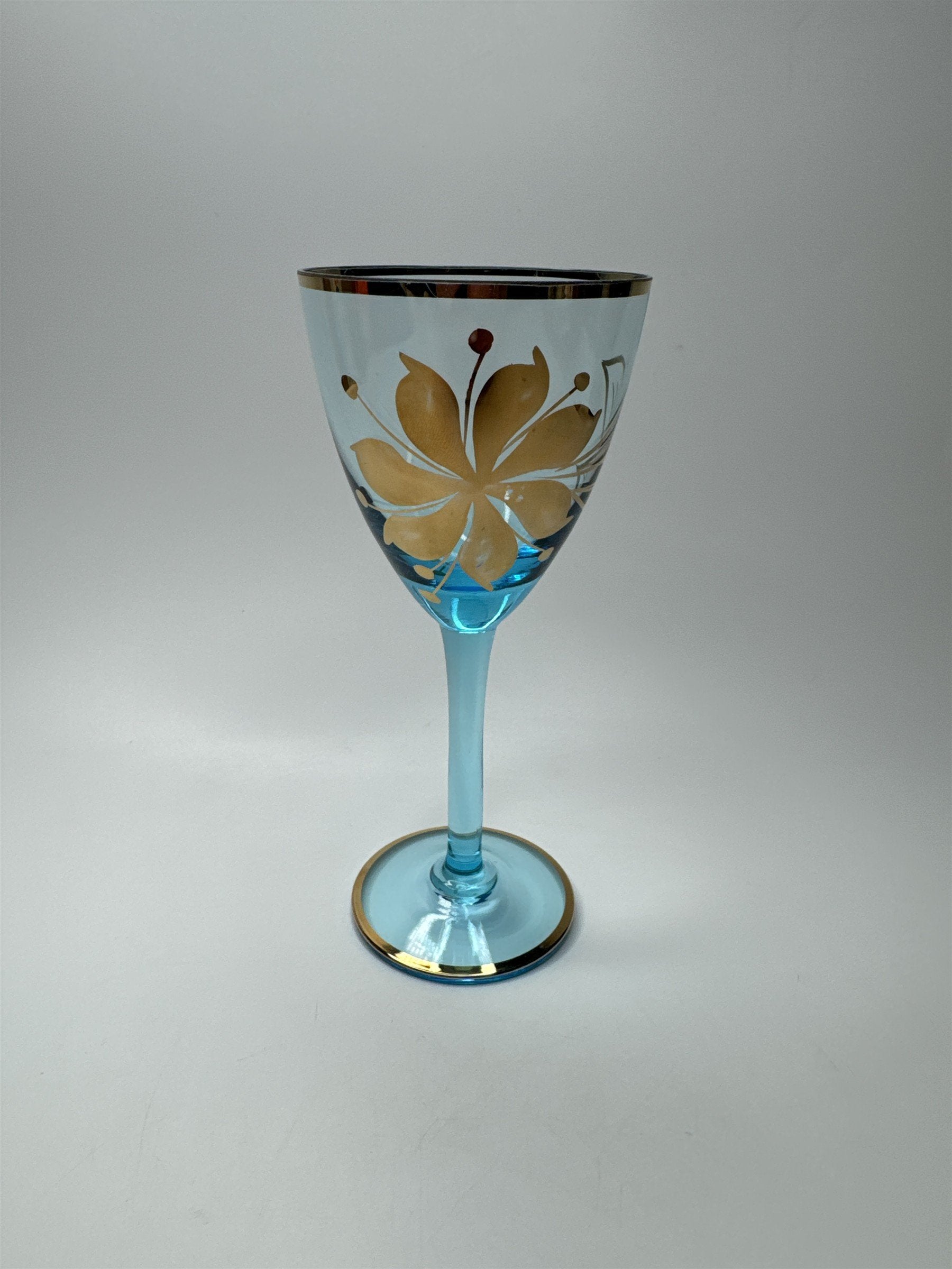 Vintage MCM Sherry Turquoise and Gold Floral Stem Glasses /w Gold Embellishment