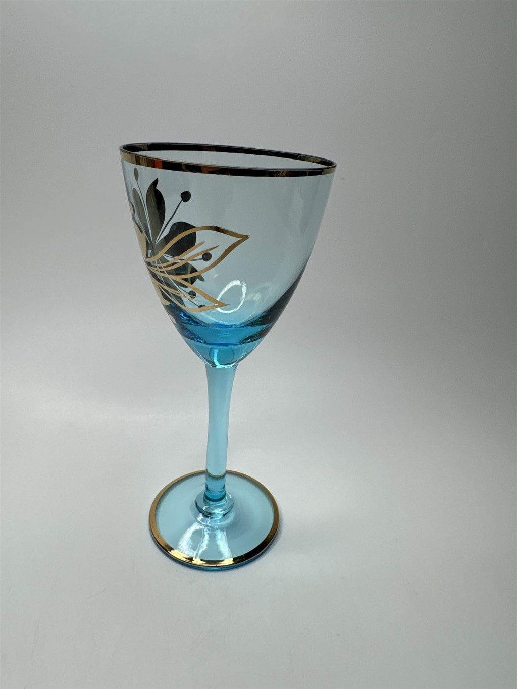 Vintage MCM Sherry Turquoise and Gold Floral Stem Glasses /w Gold Embellishment