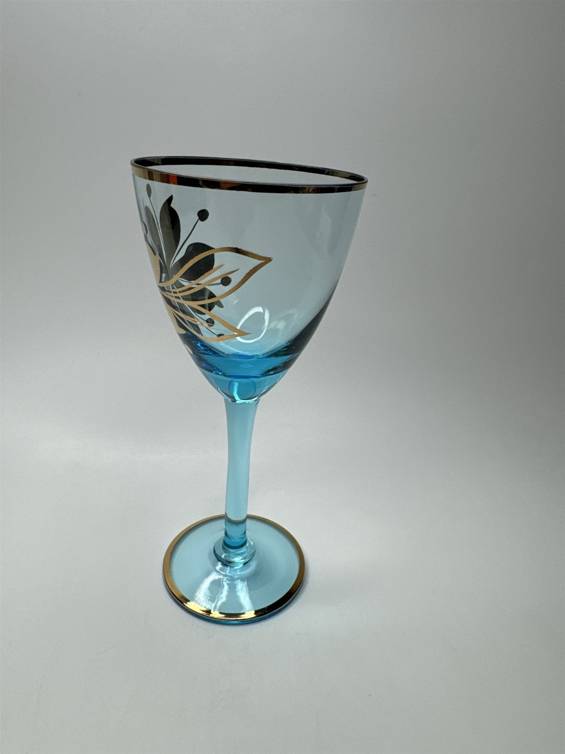 Vintage MCM Sherry Turquoise and Gold Floral Stem Glasses /w Gold Embellishment