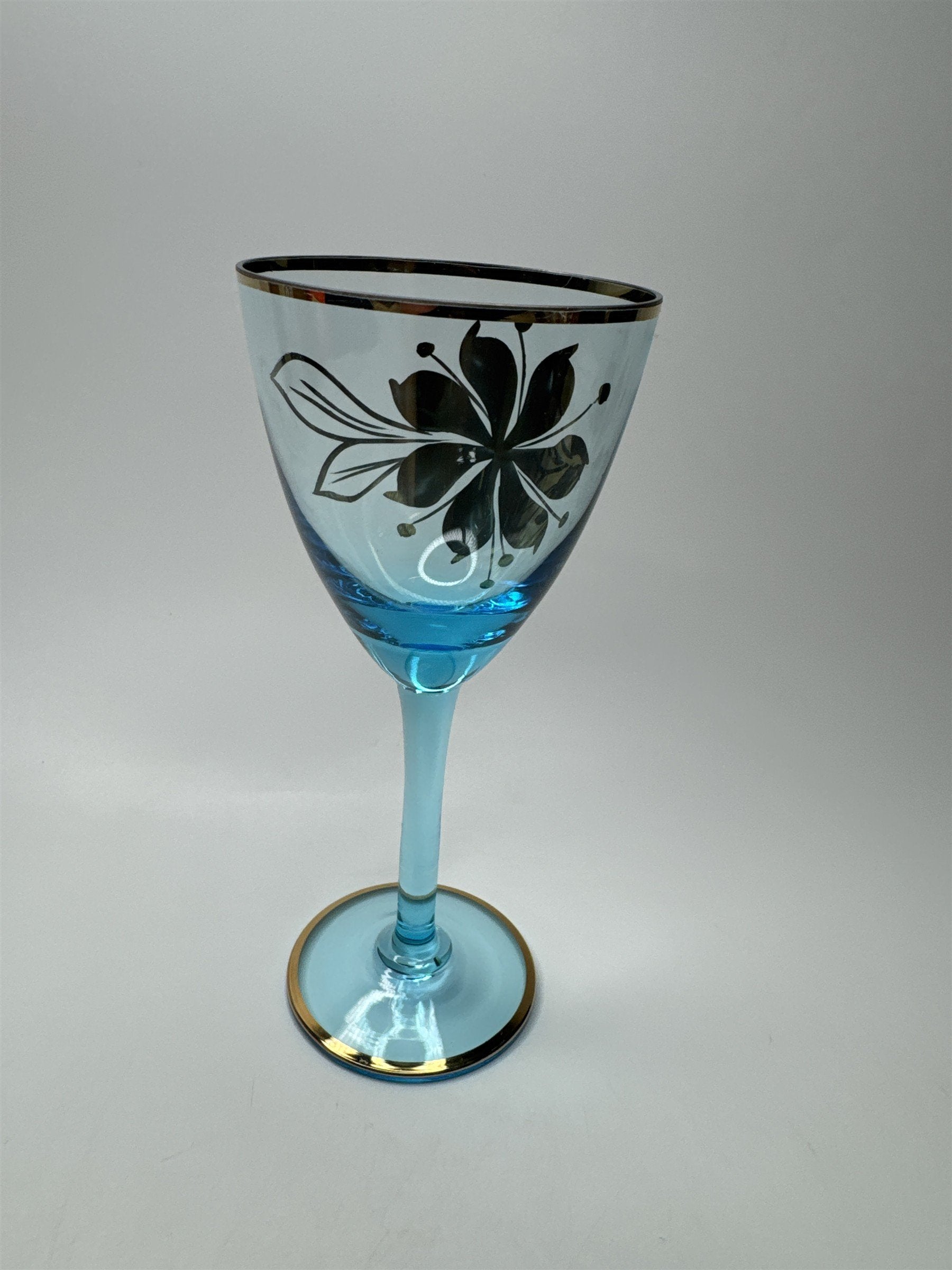 Vintage MCM Sherry Turquoise and Gold Floral Stem Glasses /w Gold Embellishment