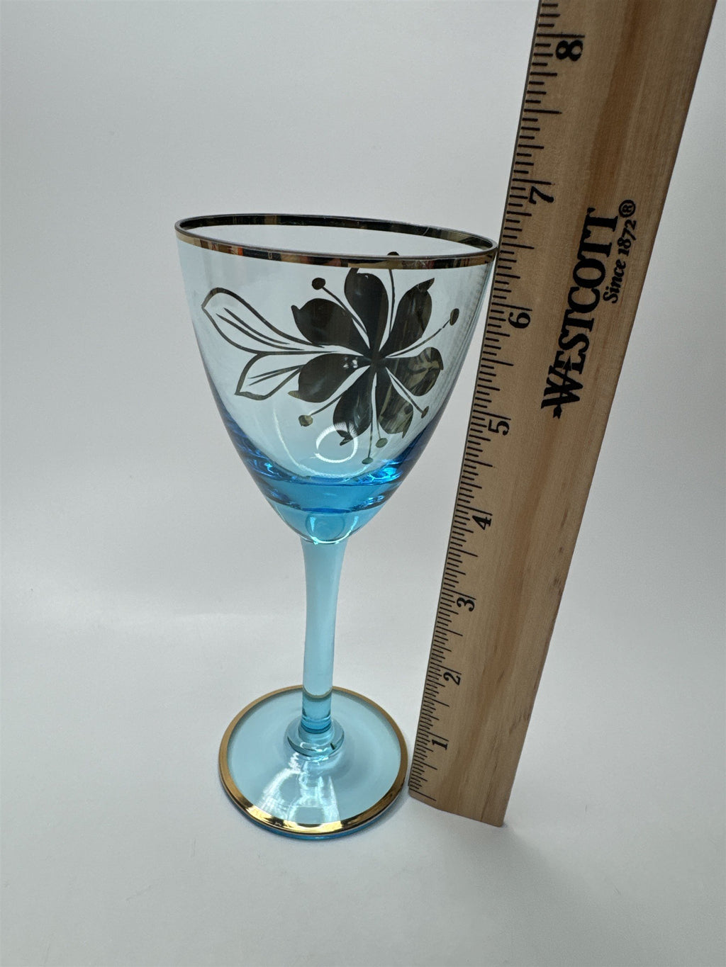 Vintage MCM Sherry Turquoise and Gold Floral Stem Glasses /w Gold Embellishment