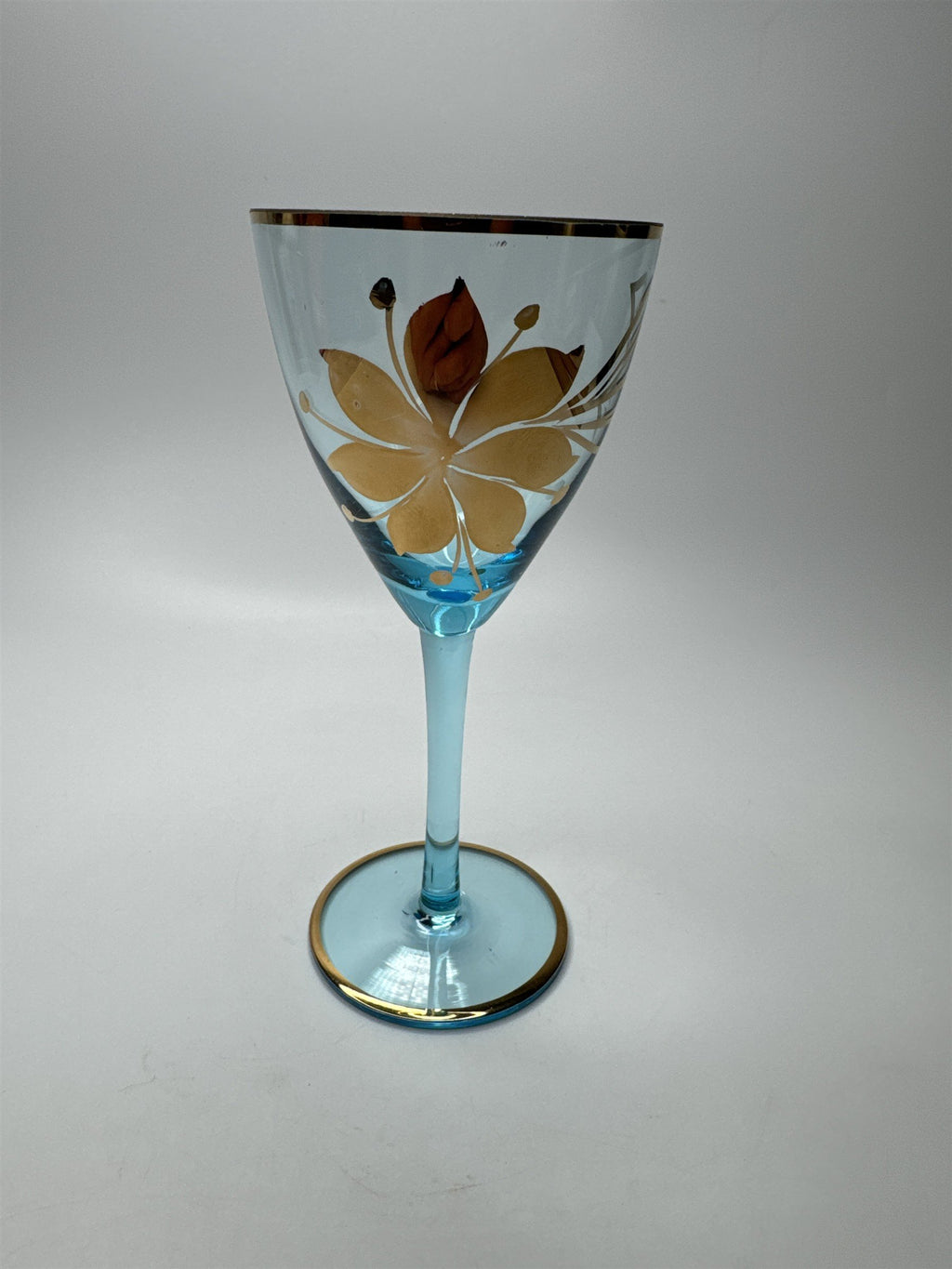 Vintage MCM Sherry Turquoise and Gold Floral Stem Glasses /w Gold Embellishment