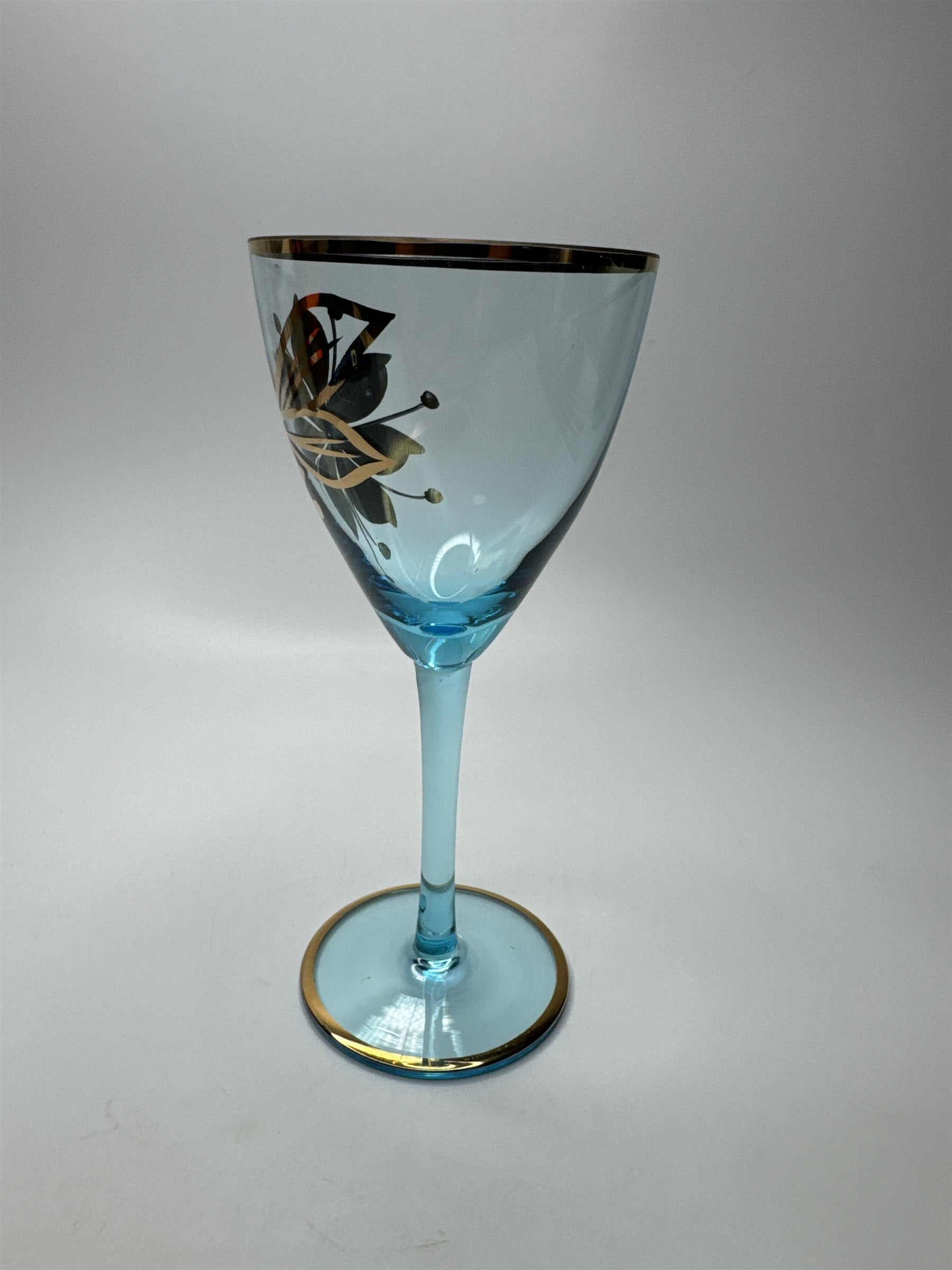 Vintage MCM Sherry Turquoise and Gold Floral Stem Glasses /w Gold Embellishment