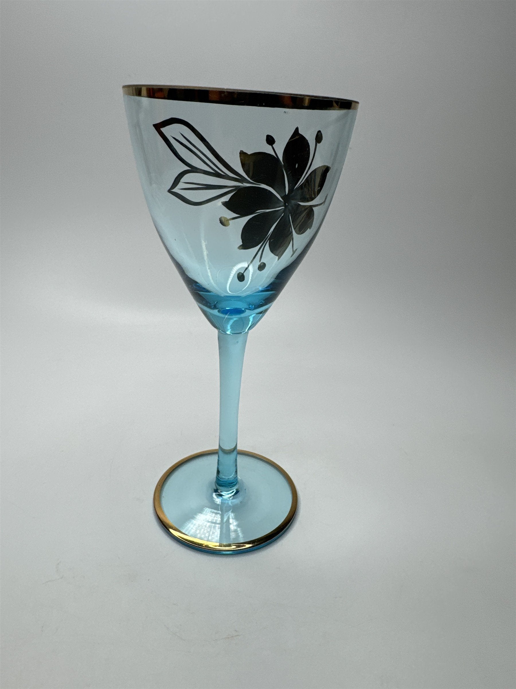 Vintage MCM Sherry Turquoise and Gold Floral Stem Glasses /w Gold Embellishment