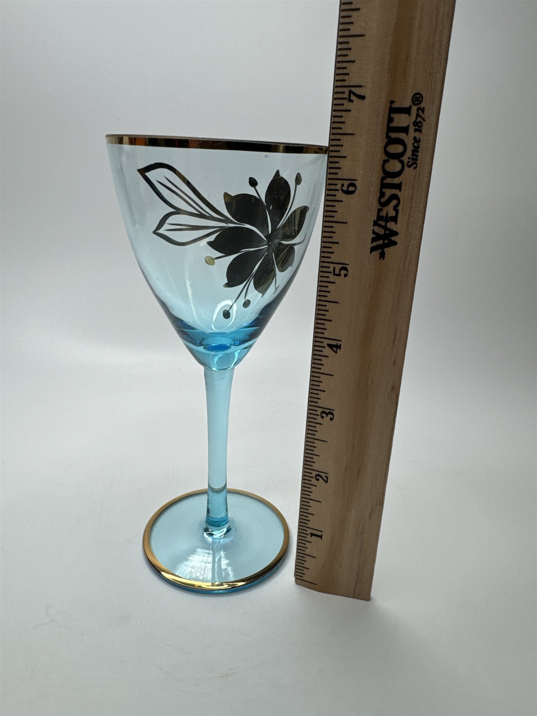 Vintage MCM Sherry Turquoise and Gold Floral Stem Glasses /w Gold Embellishment