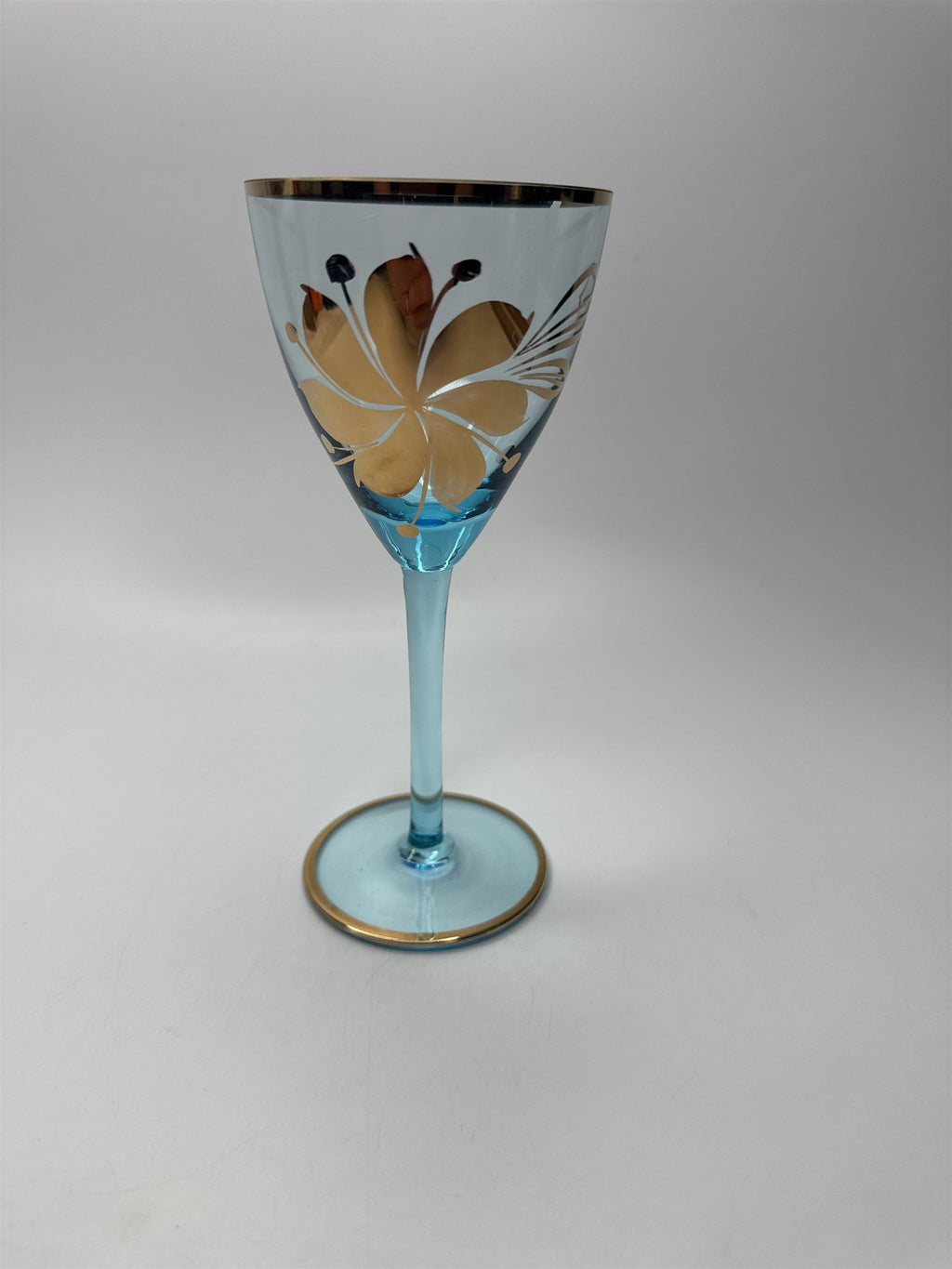 Vintage MCM Sherry Turquoise and Gold Floral Stem Glasses *CHIPPED*