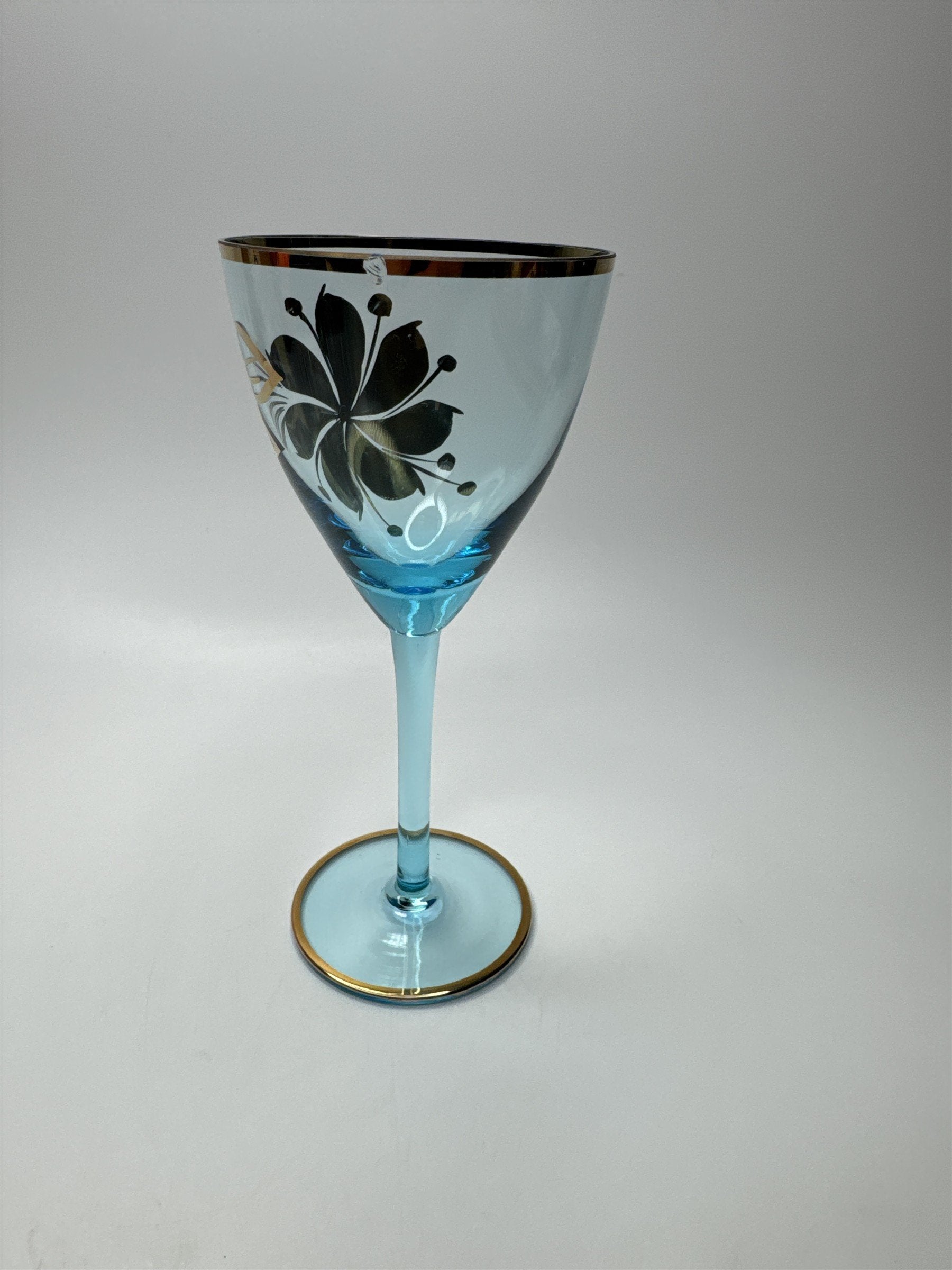 Vintage MCM Sherry Turquoise and Gold Floral Stem Glasses *CHIPPED*