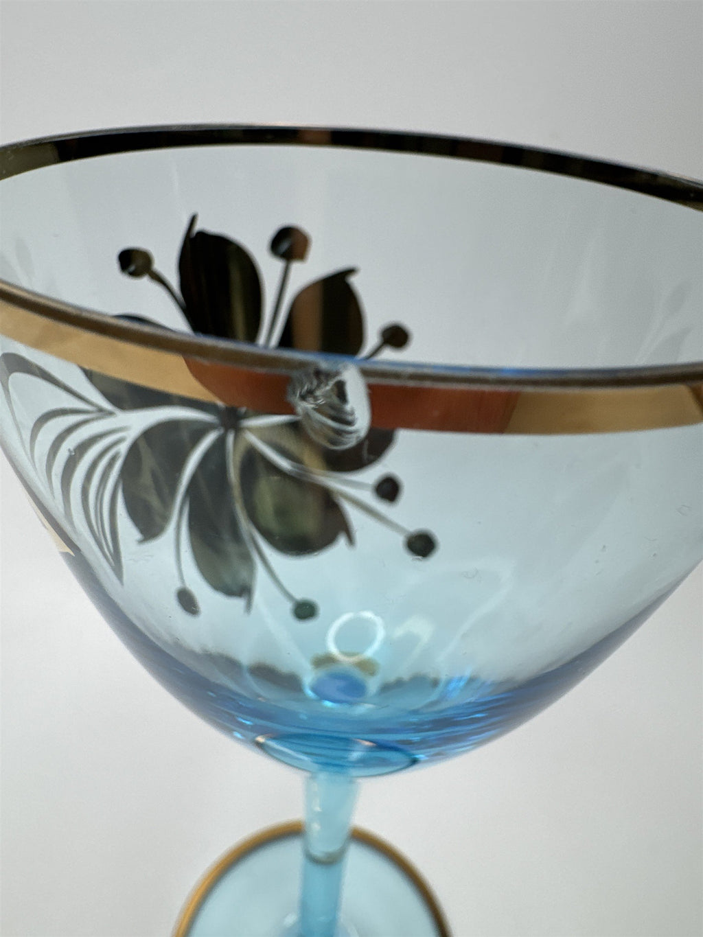 Vintage MCM Sherry Turquoise and Gold Floral Stem Glasses *CHIPPED*