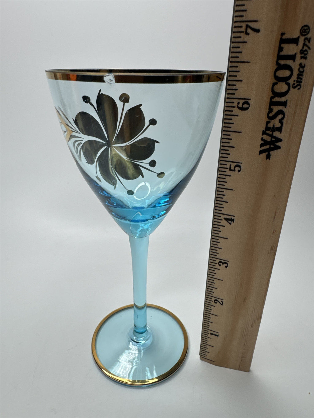 Vintage MCM Sherry Turquoise and Gold Floral Stem Glasses *CHIPPED*