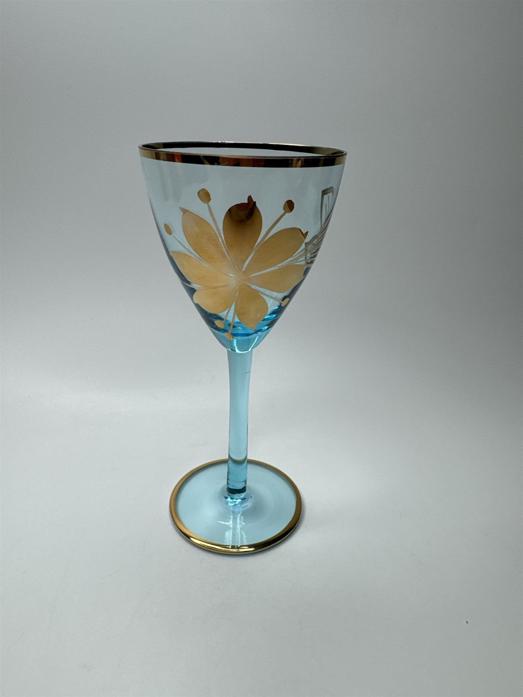 Vintage MCM Sherry Turquoise and Gold Floral Stem Glasses /w Gold Embellishment