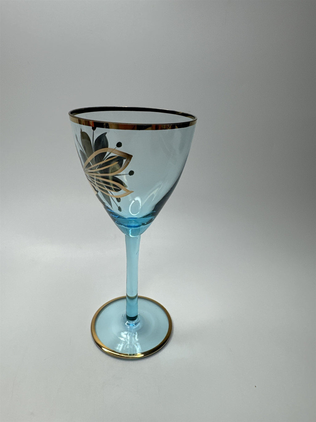 Vintage MCM Sherry Turquoise and Gold Floral Stem Glasses /w Gold Embellishment