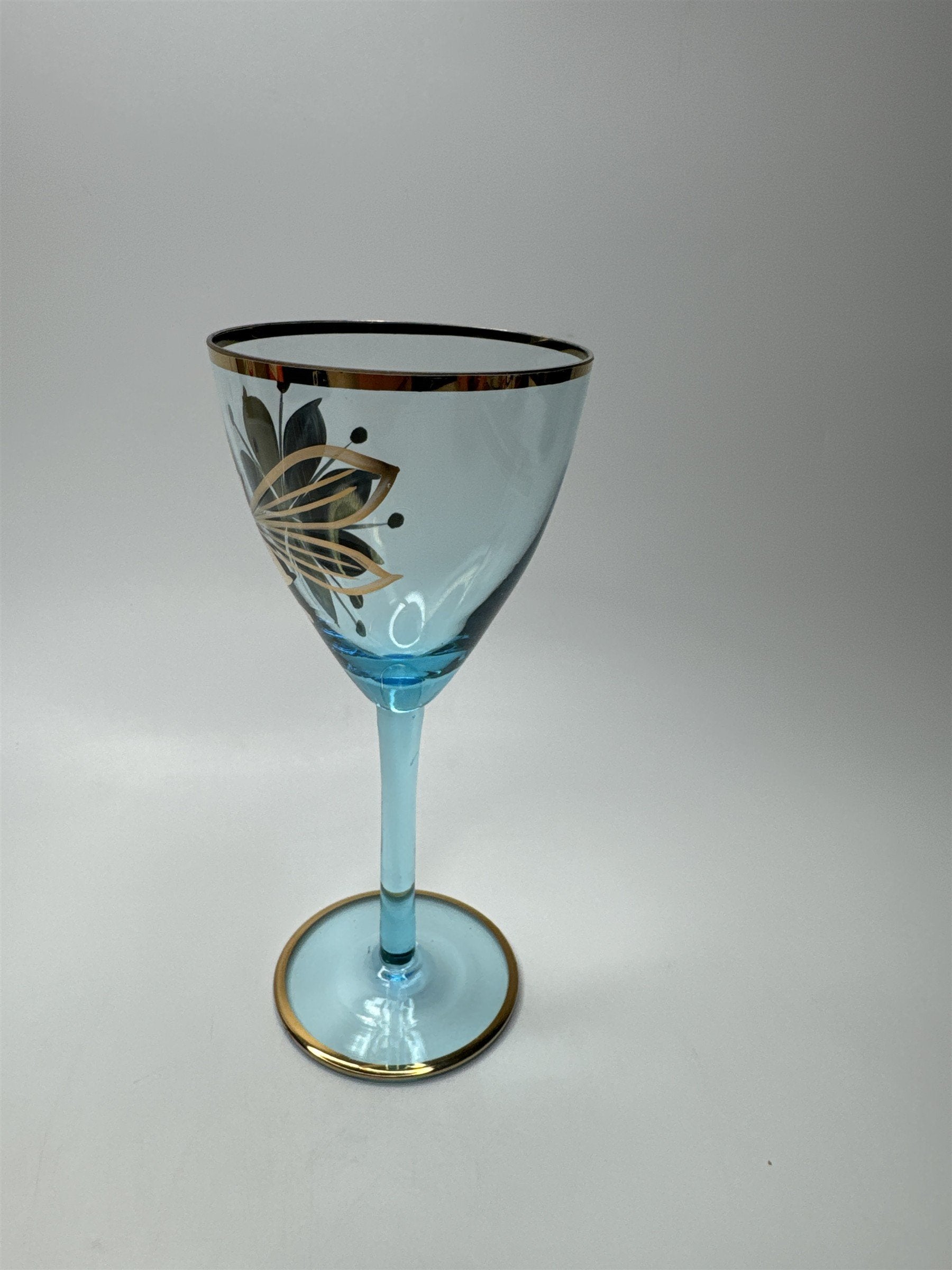 Vintage MCM Sherry Turquoise and Gold Floral Stem Glasses /w Gold Embellishment
