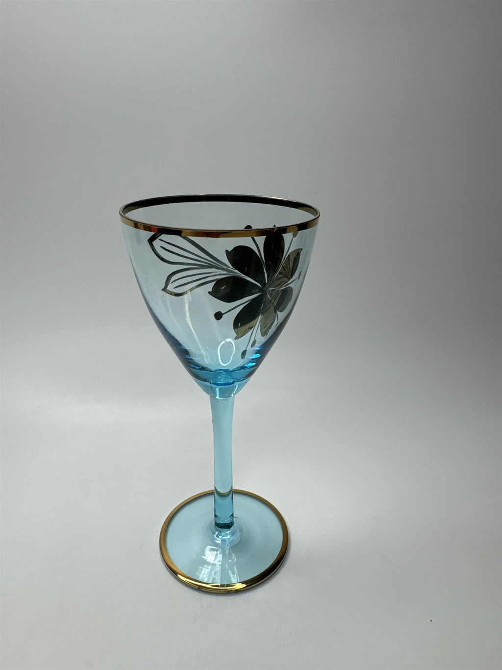 Vintage MCM Sherry Turquoise and Gold Floral Stem Glasses /w Gold Embellishment