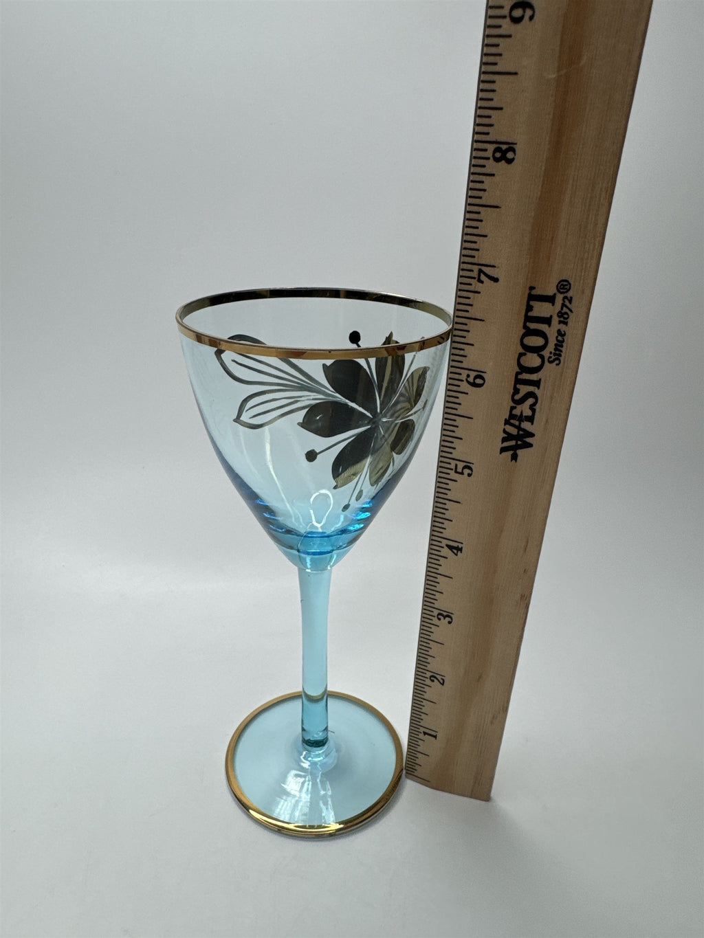 Vintage MCM Sherry Turquoise and Gold Floral Stem Glasses /w Gold Embellishment