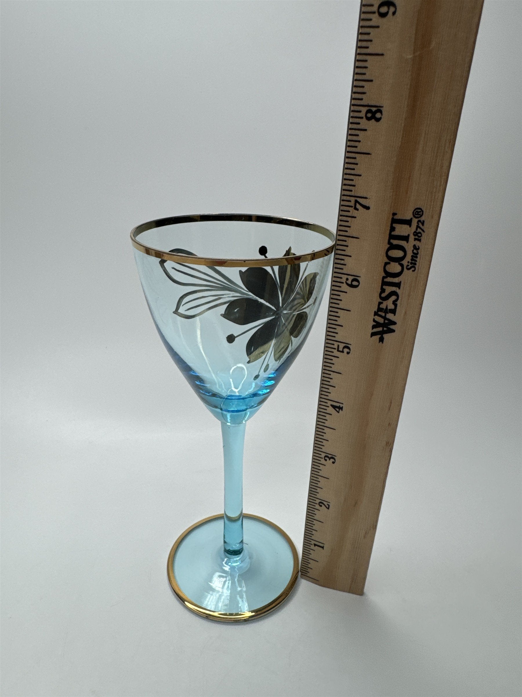 Vintage MCM Sherry Turquoise and Gold Floral Stem Glasses /w Gold Embellishment