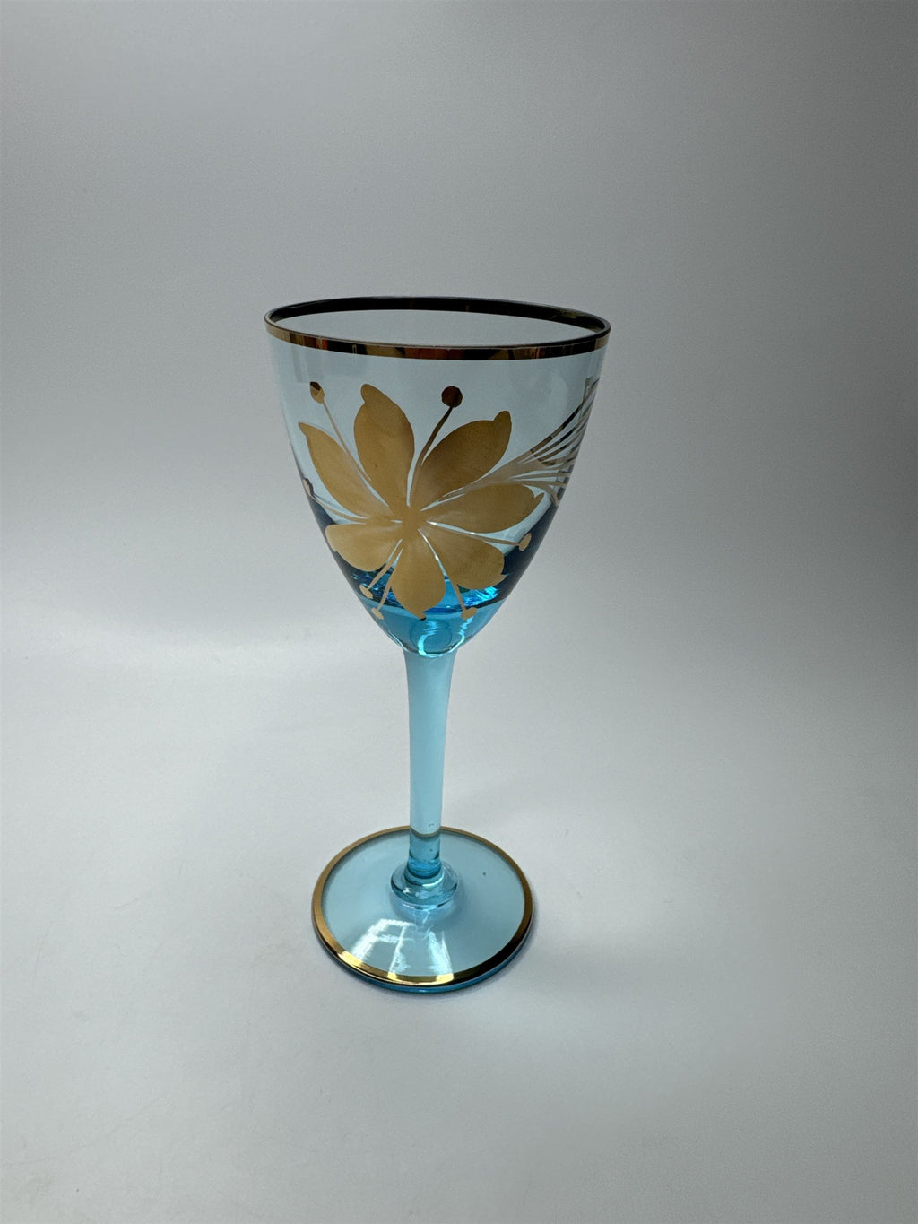 Vintage MCM Sherry Turquoise and Gold Floral Stem Glasses /w Gold Embellishment