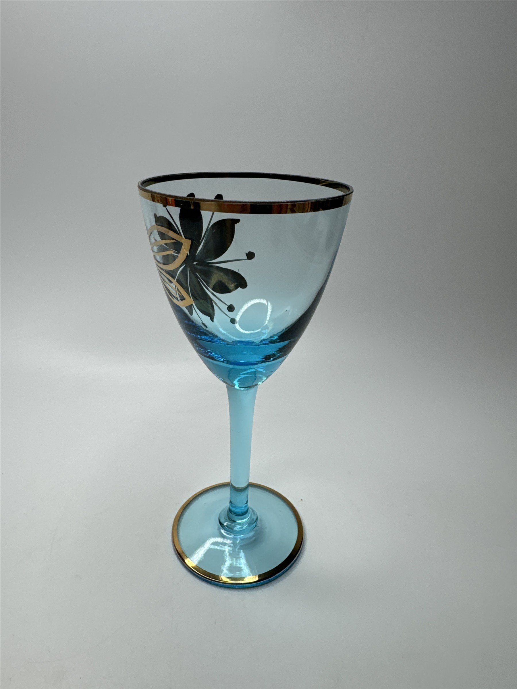 Vintage MCM Sherry Turquoise and Gold Floral Stem Glasses /w Gold Embellishment