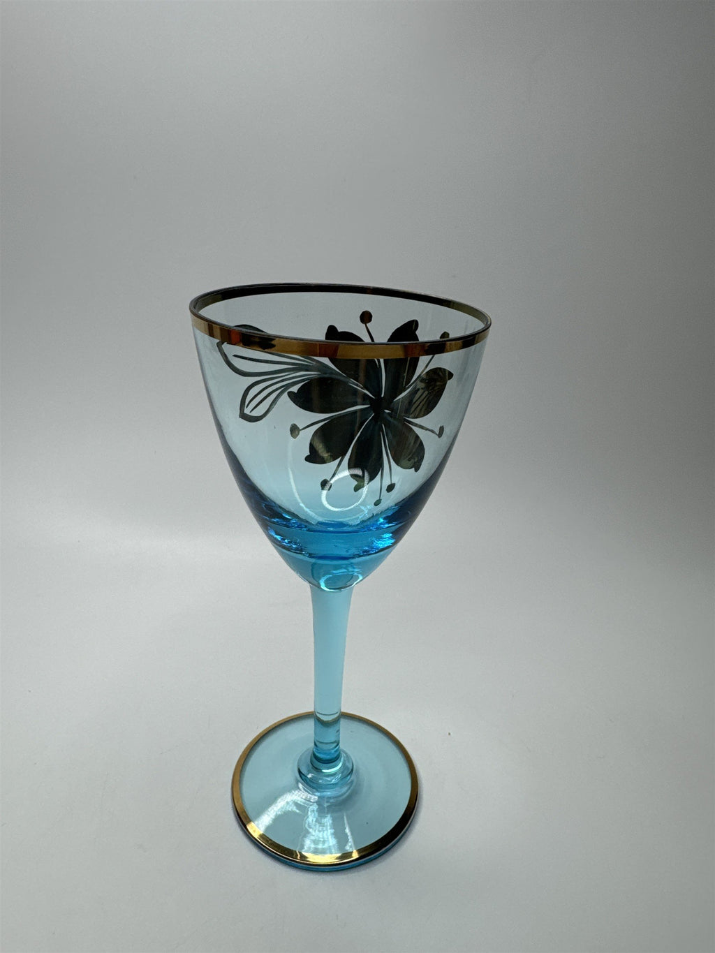 Vintage MCM Sherry Turquoise and Gold Floral Stem Glasses /w Gold Embellishment