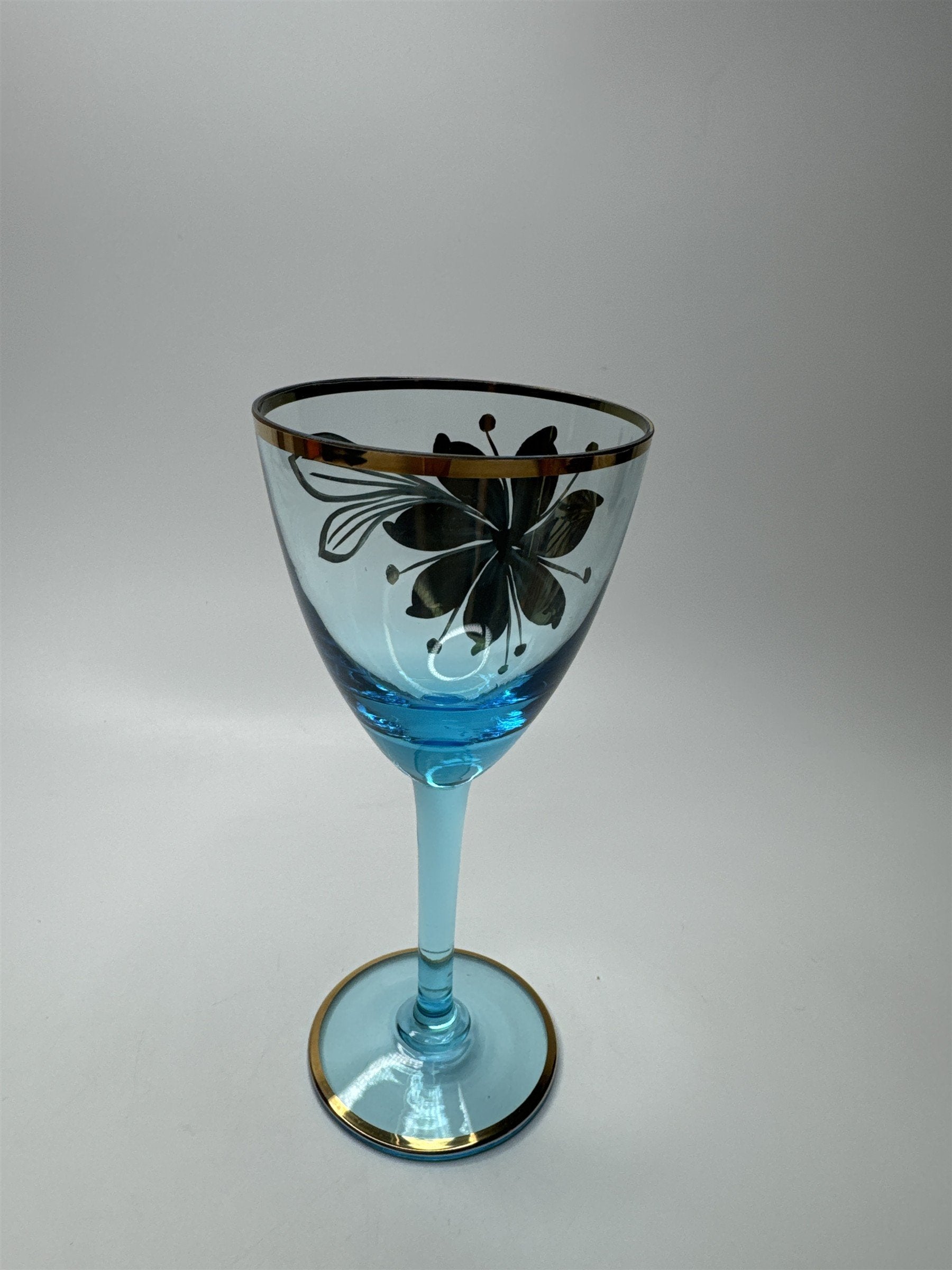 Vintage MCM Sherry Turquoise and Gold Floral Stem Glasses /w Gold Embellishment