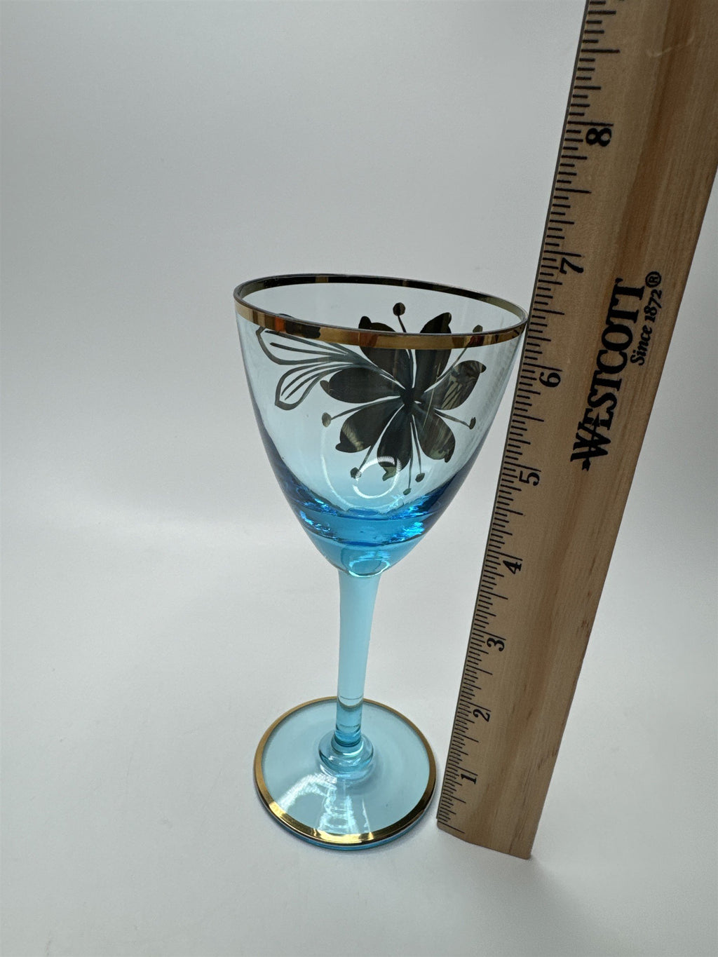 Vintage MCM Sherry Turquoise and Gold Floral Stem Glasses /w Gold Embellishment