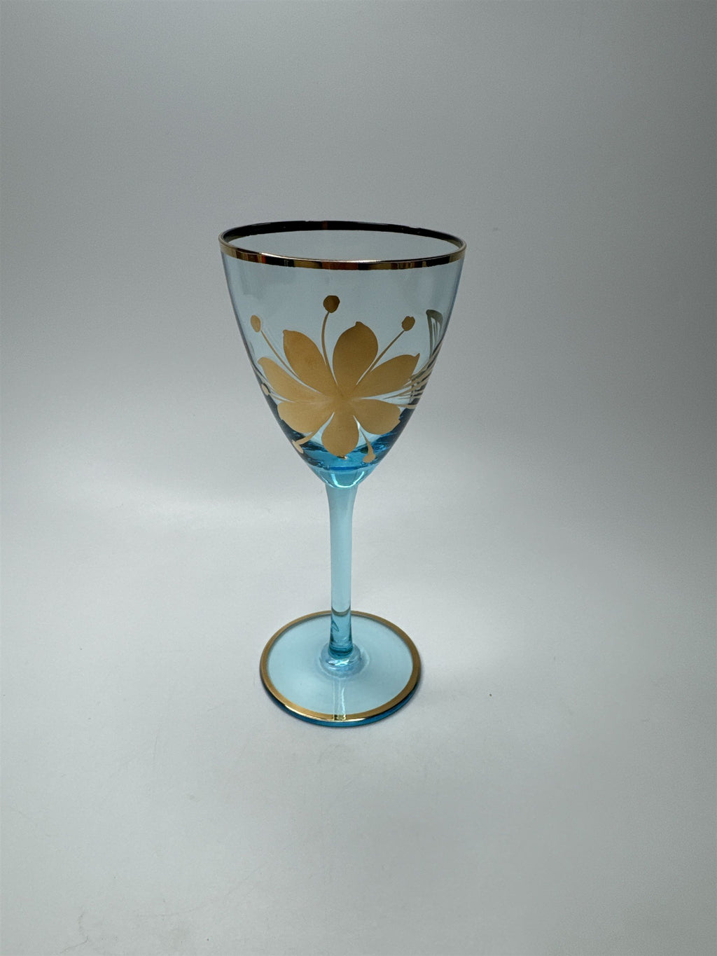 Vintage MCM Sherry Turquoise and Gold Floral Stem Glasses /w Gold Embellishment