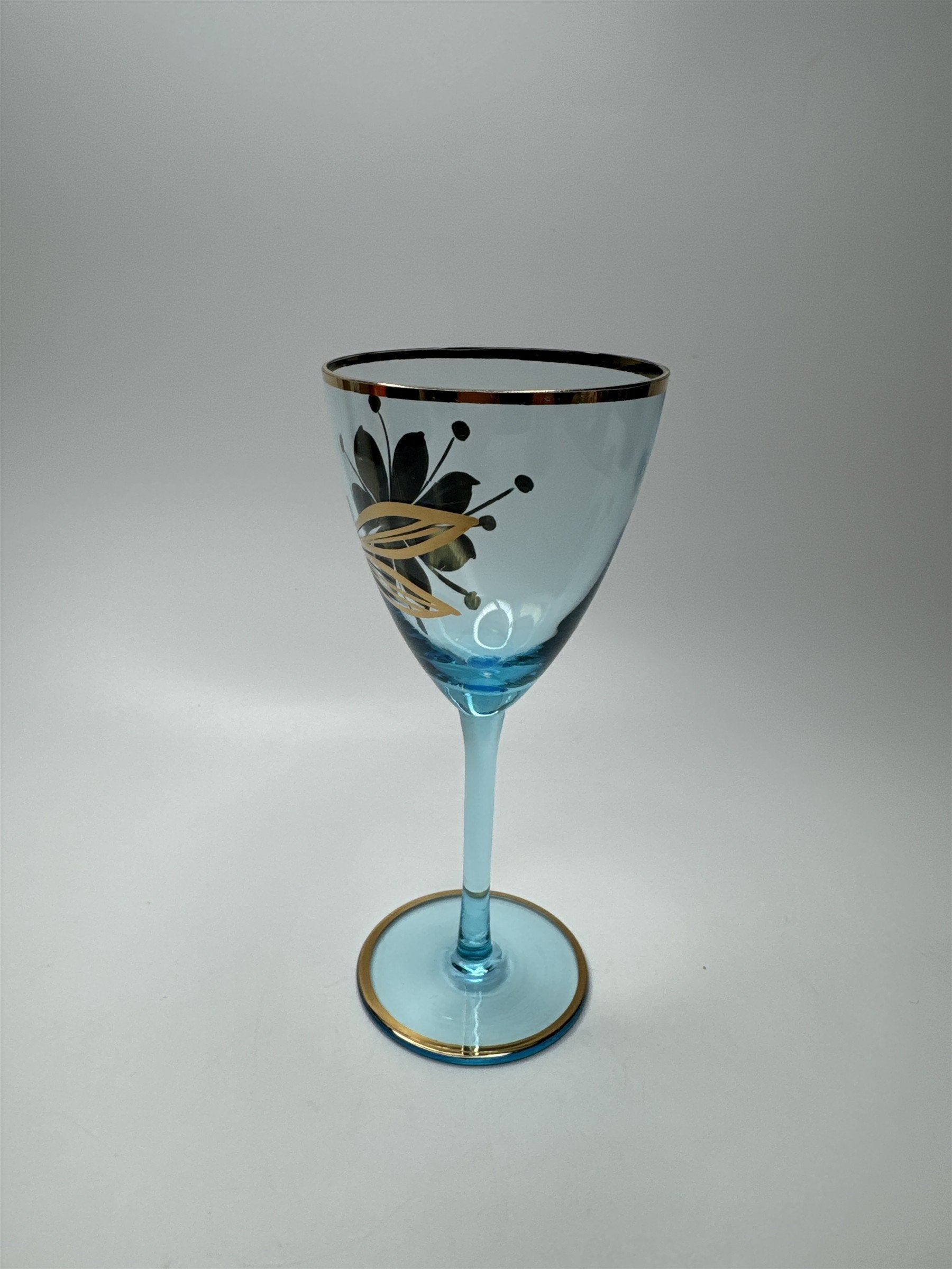 Vintage MCM Sherry Turquoise and Gold Floral Stem Glasses /w Gold Embellishment