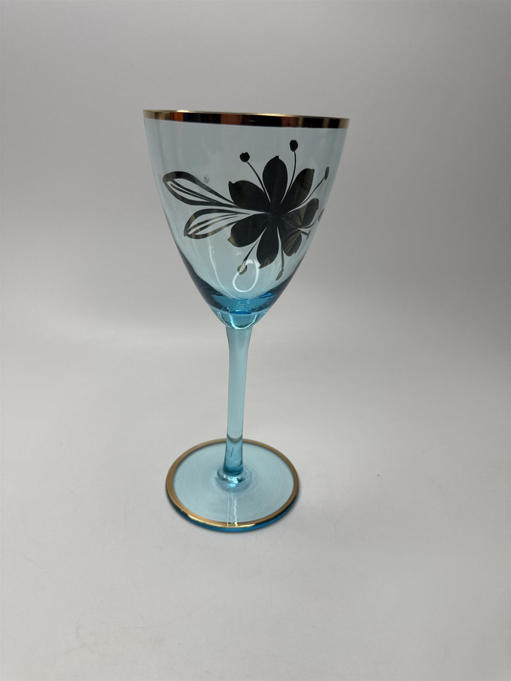 Vintage MCM Sherry Turquoise and Gold Floral Stem Glasses /w Gold Embellishment