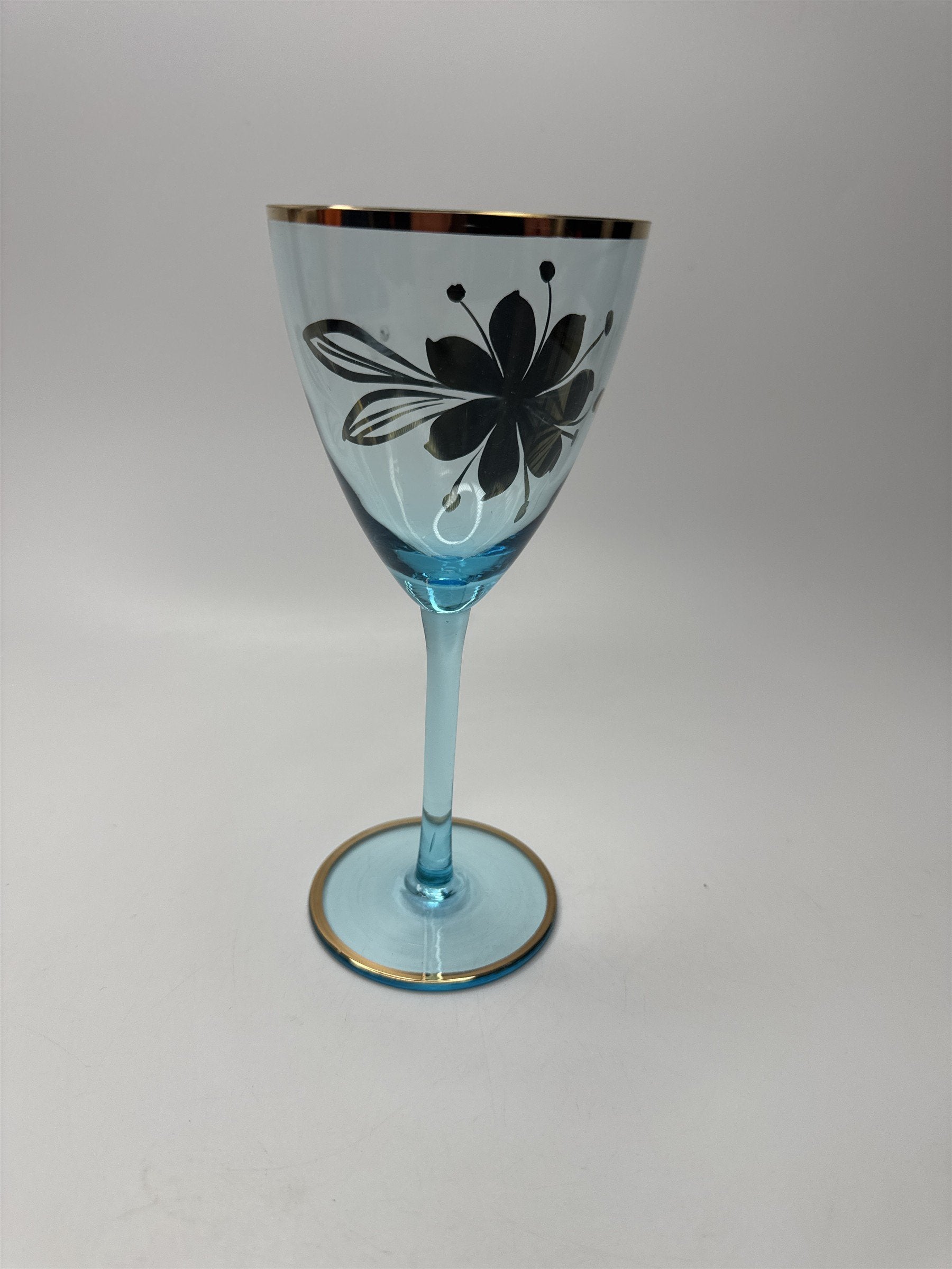 Vintage MCM Sherry Turquoise and Gold Floral Stem Glasses /w Gold Embellishment