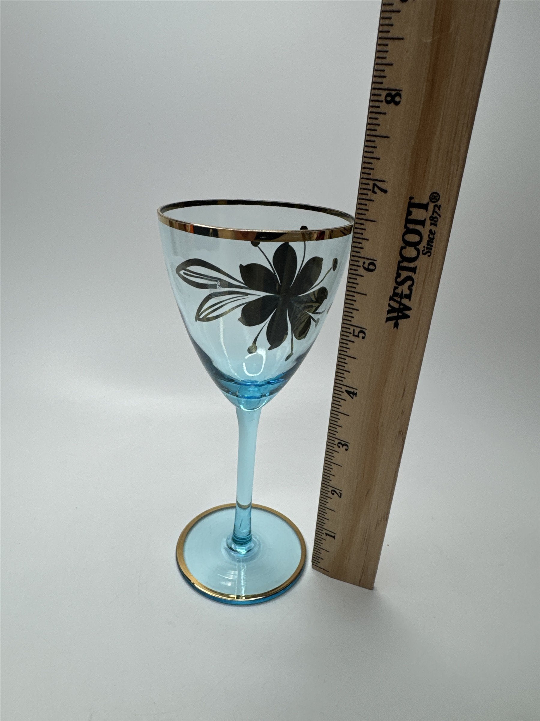 Vintage MCM Sherry Turquoise and Gold Floral Stem Glasses /w Gold Embellishment