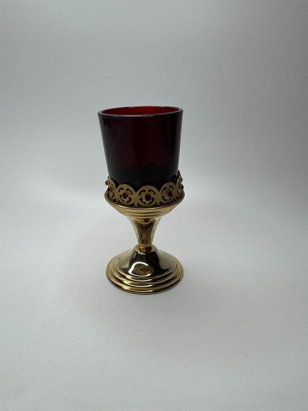 Vintage Gold Toned Candle Holder /w Red Votive Glass Holder Tea Light Holder