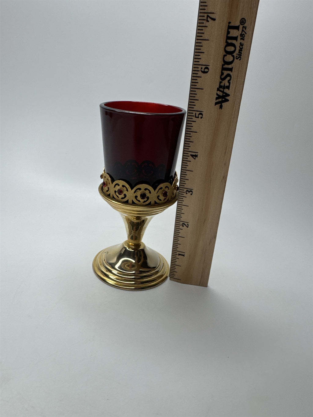 Vintage Gold Toned Candle Holder /w Red Votive Glass Holder Tea Light Holder