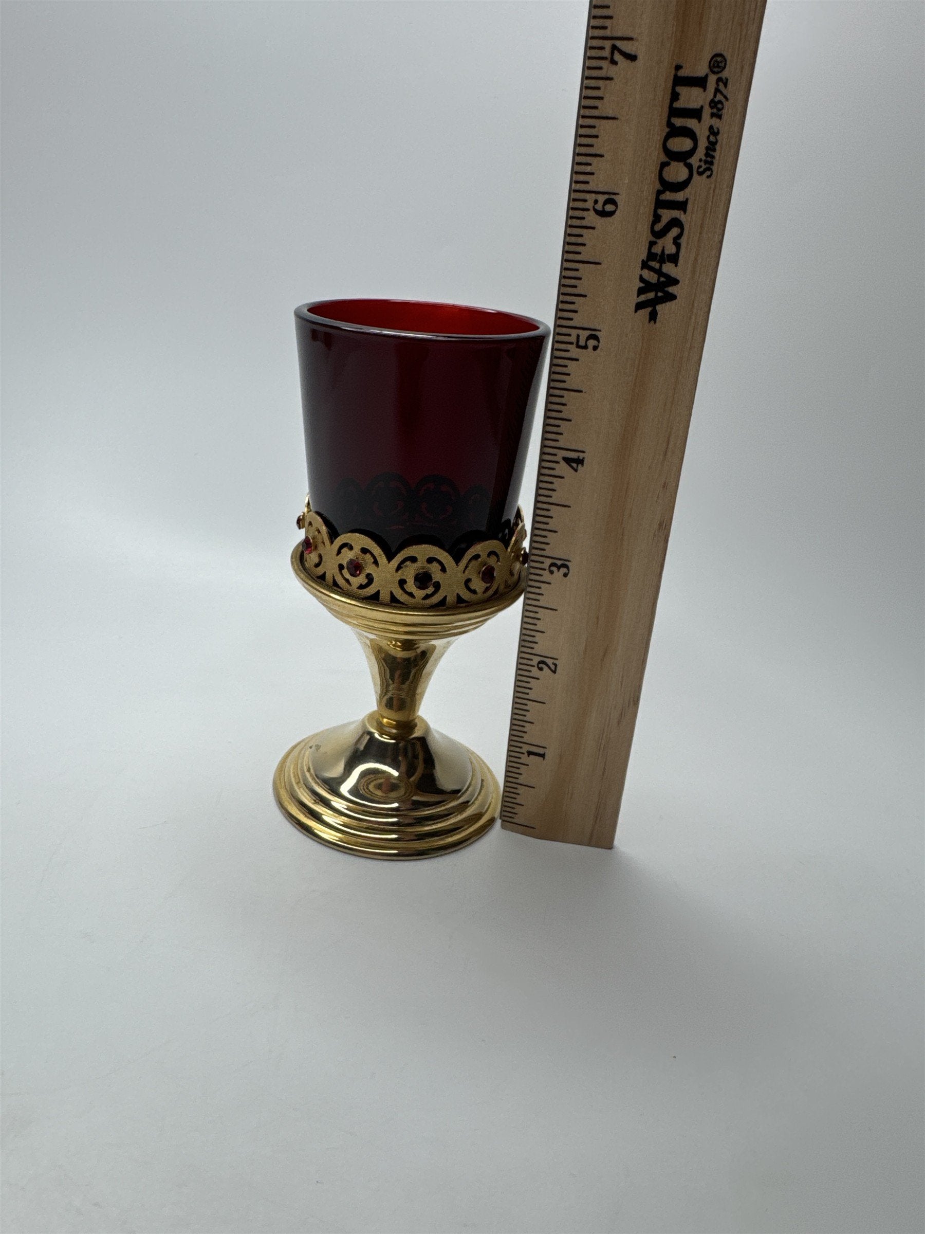 Vintage Gold Toned Candle Holder /w Red Votive Glass Holder Tea Light Holder