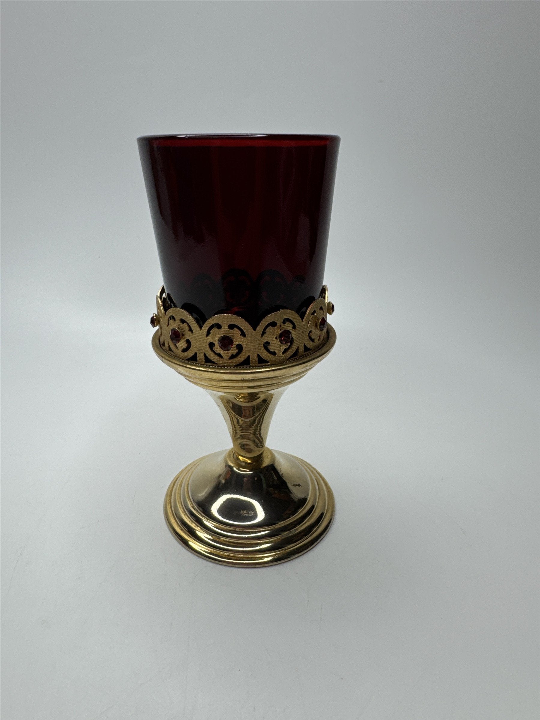 Vintage Gold Toned Candle Holder /w Red Votive Glass Holder Tea Light Holder