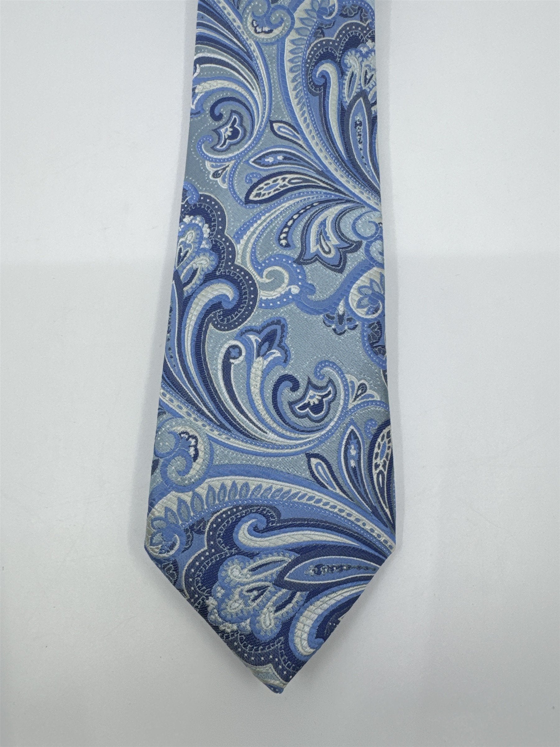Light Blue And White Paisley Print Countess Mara Silk Men's Neck Tie