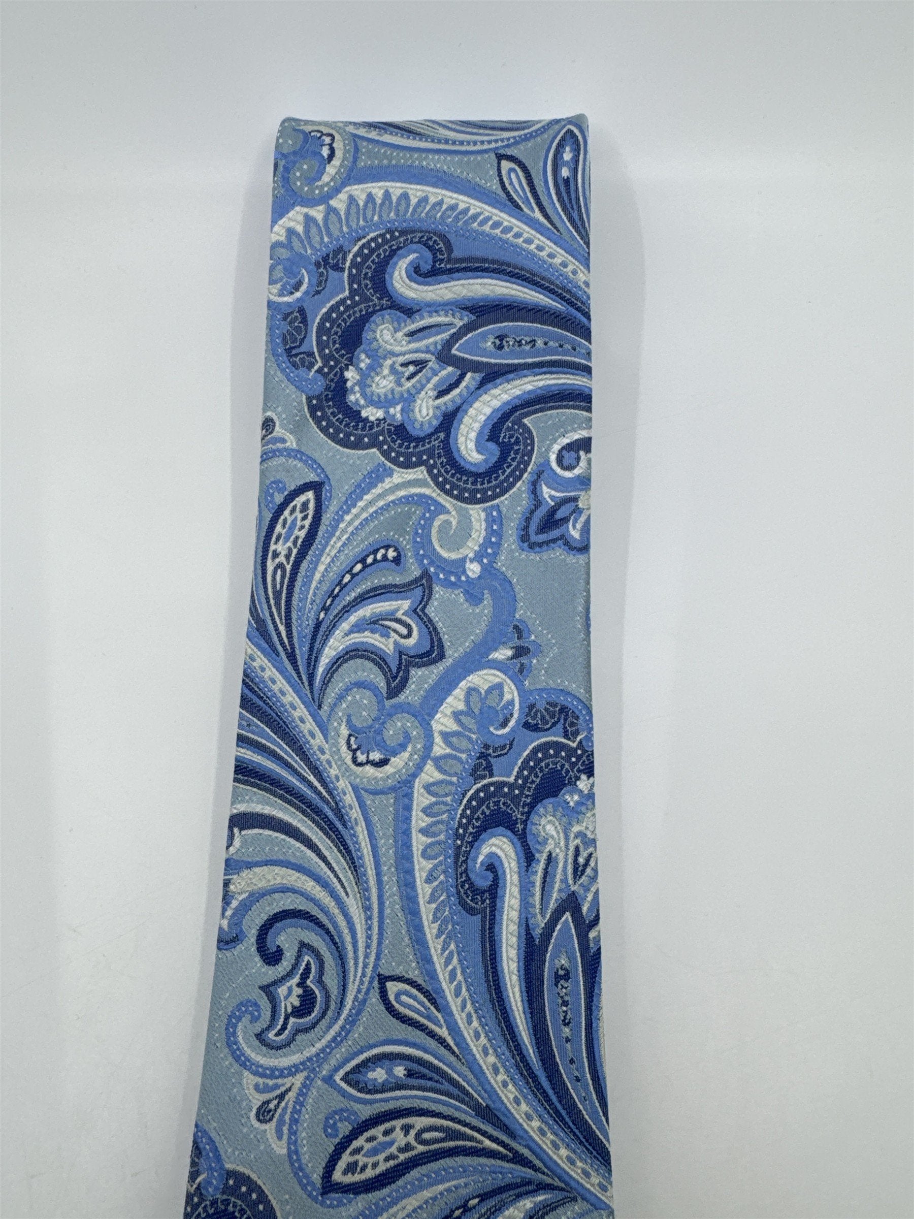 Light Blue And White Paisley Print Countess Mara Silk Men's Neck Tie