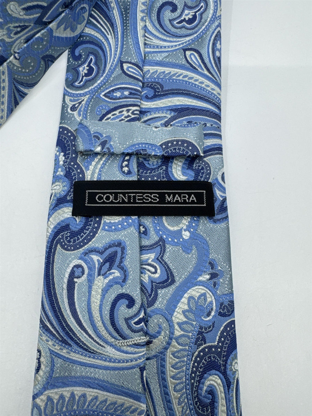 Light Blue And White Paisley Print Countess Mara Silk Men's Neck Tie