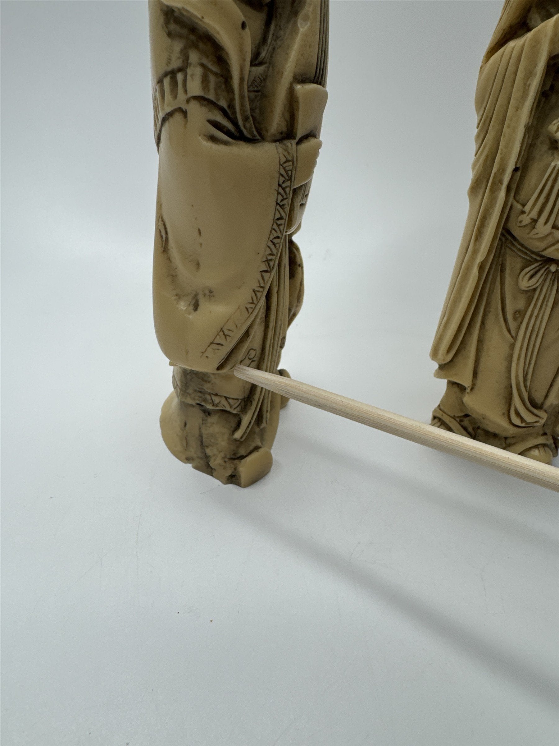 Vintage Resin Asian Statues of Woman Playing Instrument and Man Patting Belly
