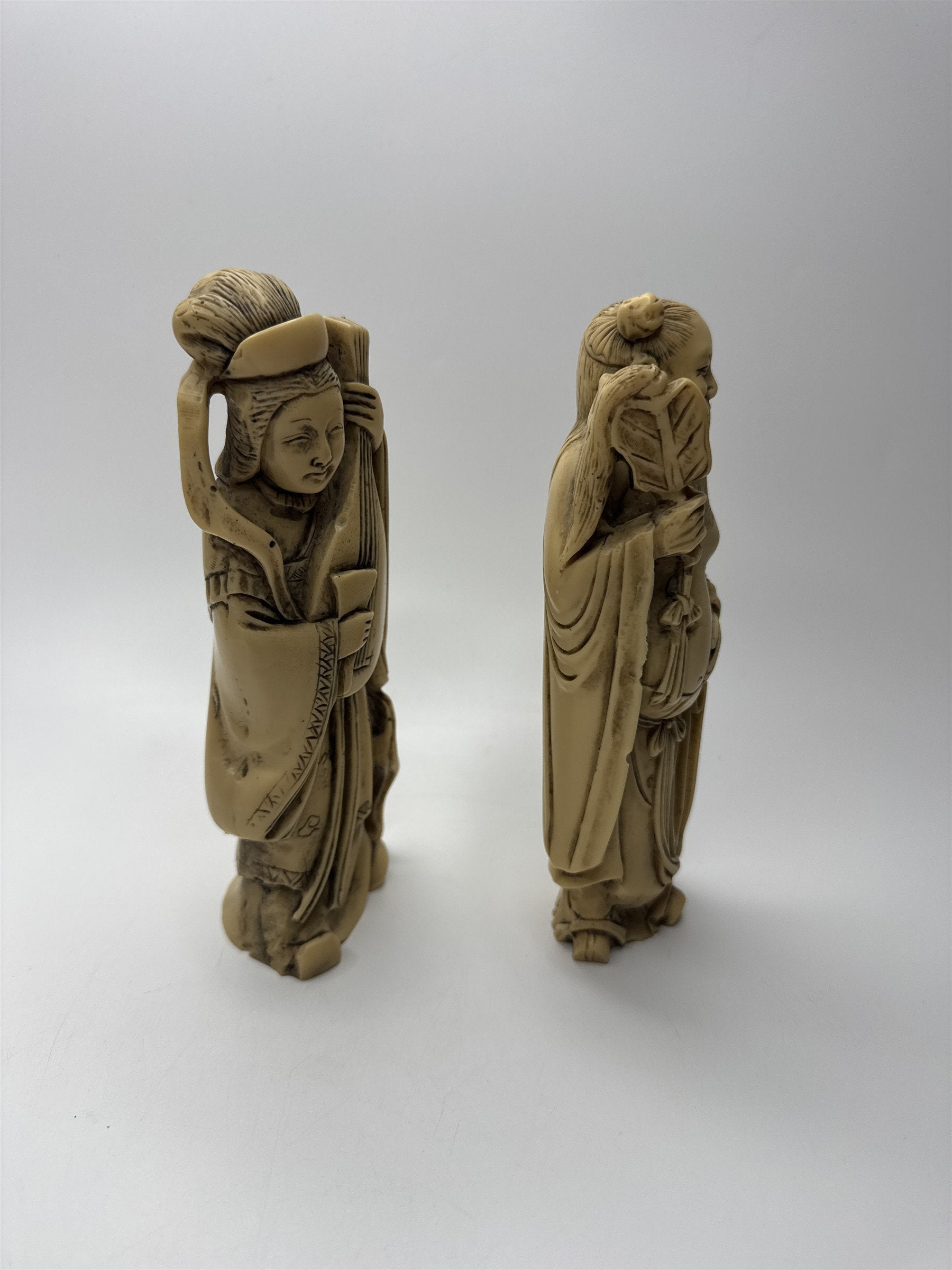 Vintage Resin Asian Statues of Woman Playing Instrument and Man Patting Belly