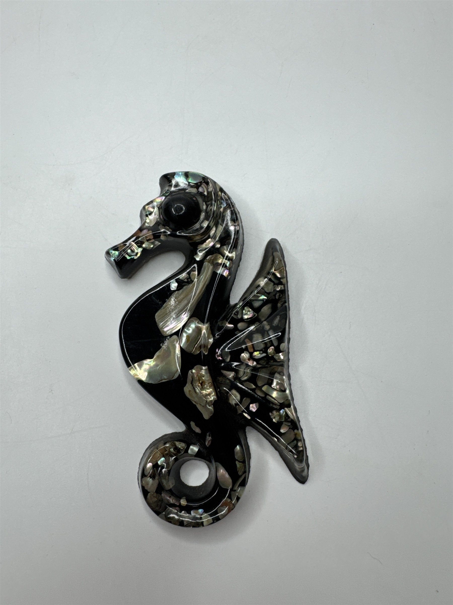 Vtg 1960s Lucite Black Seahorse Wall Hanging Abalone Shell Mother of Pearl MCM