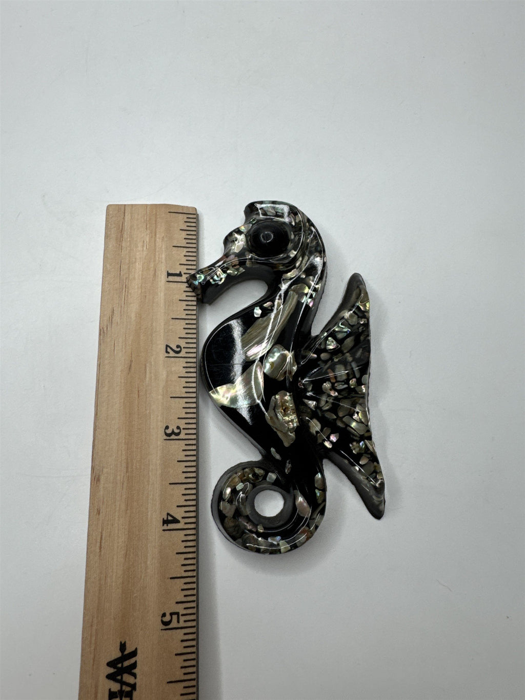Vtg 1960s Lucite Black Seahorse Wall Hanging Abalone Shell Mother of Pearl MCM