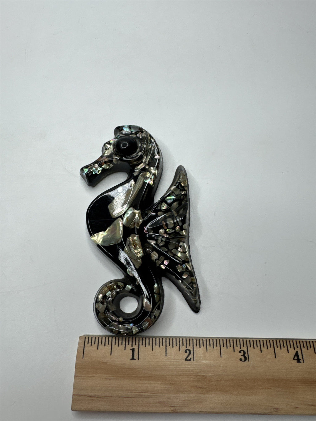 Vtg 1960s Lucite Black Seahorse Wall Hanging Abalone Shell Mother of Pearl MCM