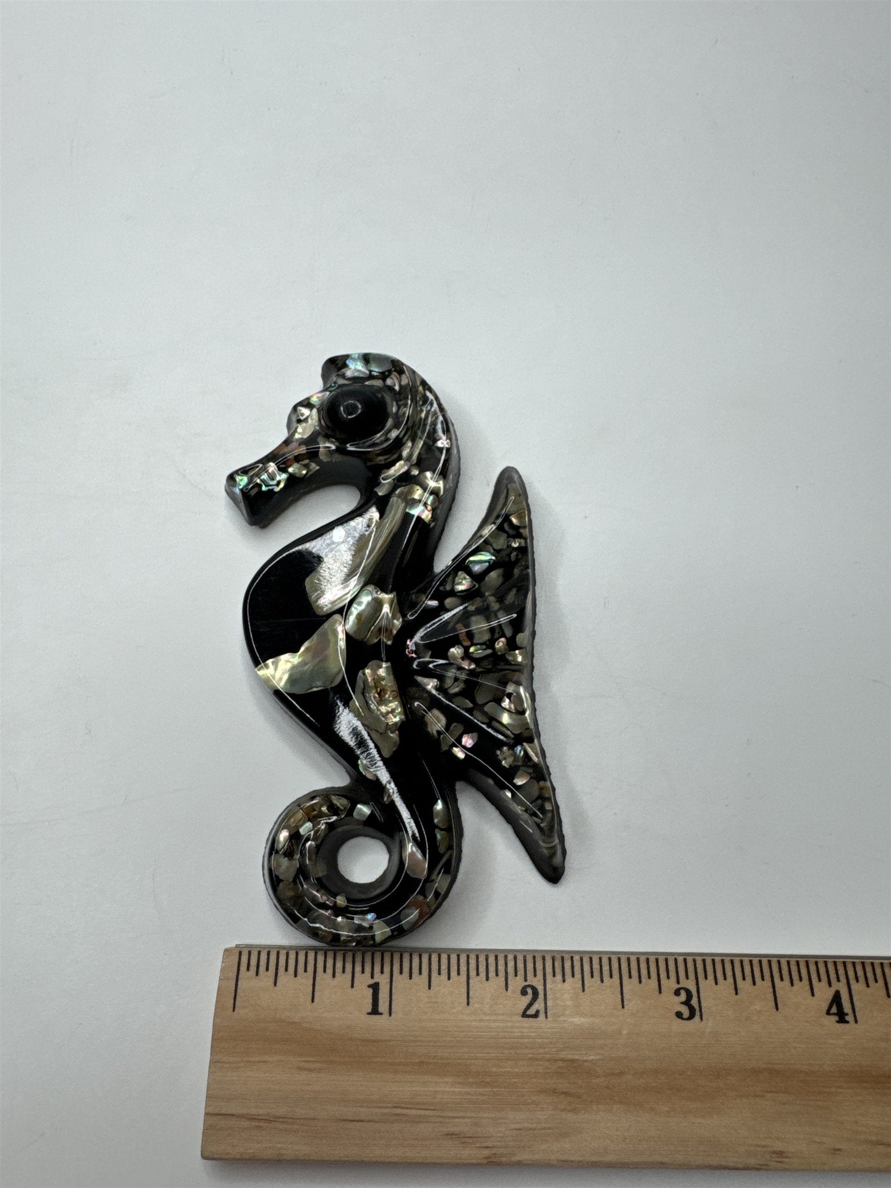 Vtg 1960s Lucite Black Seahorse Wall Hanging Abalone Shell Mother of Pearl MCM