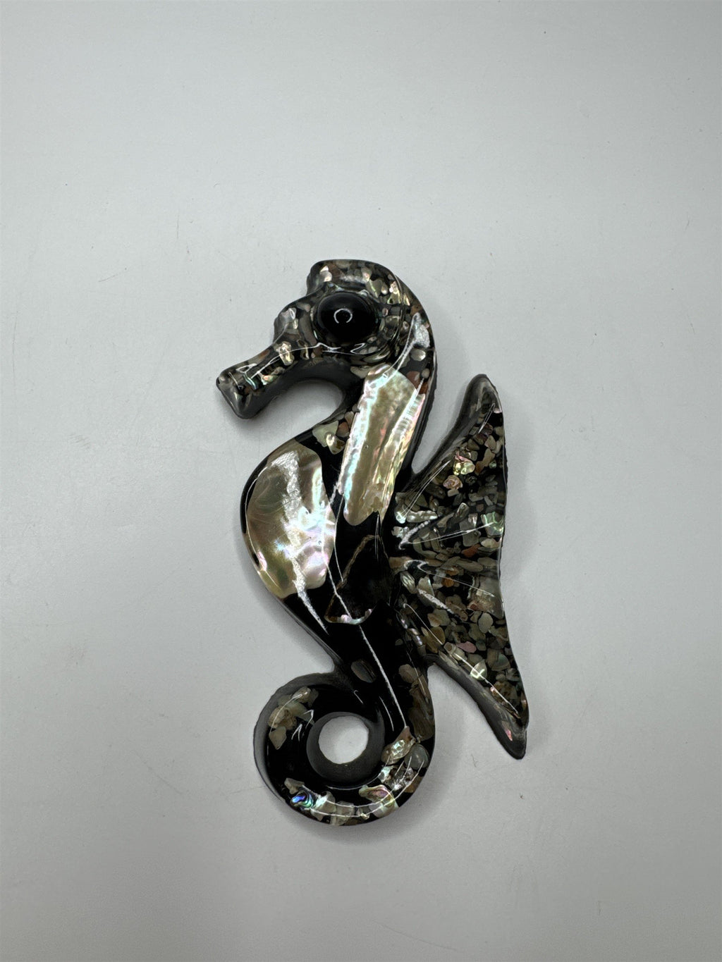 Vtg 1960s Lucite Black Seahorse Wall Hanging Abalone Shell Mother of Pearl MCM