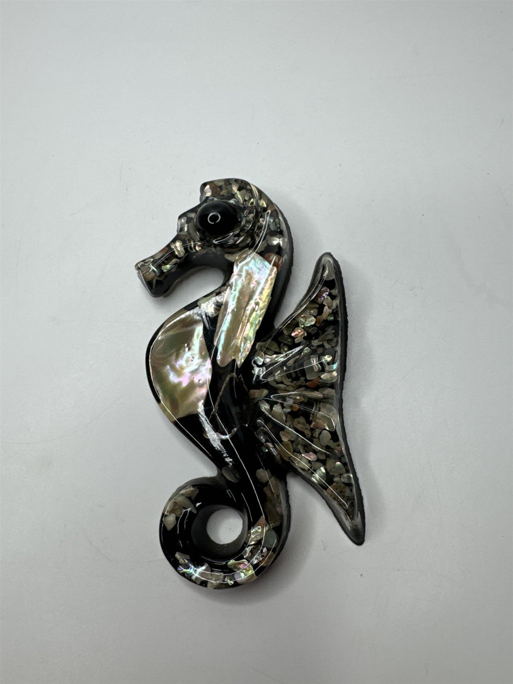 Vtg 1960s Lucite Black Seahorse Wall Hanging Abalone Shell Mother of Pearl MCM