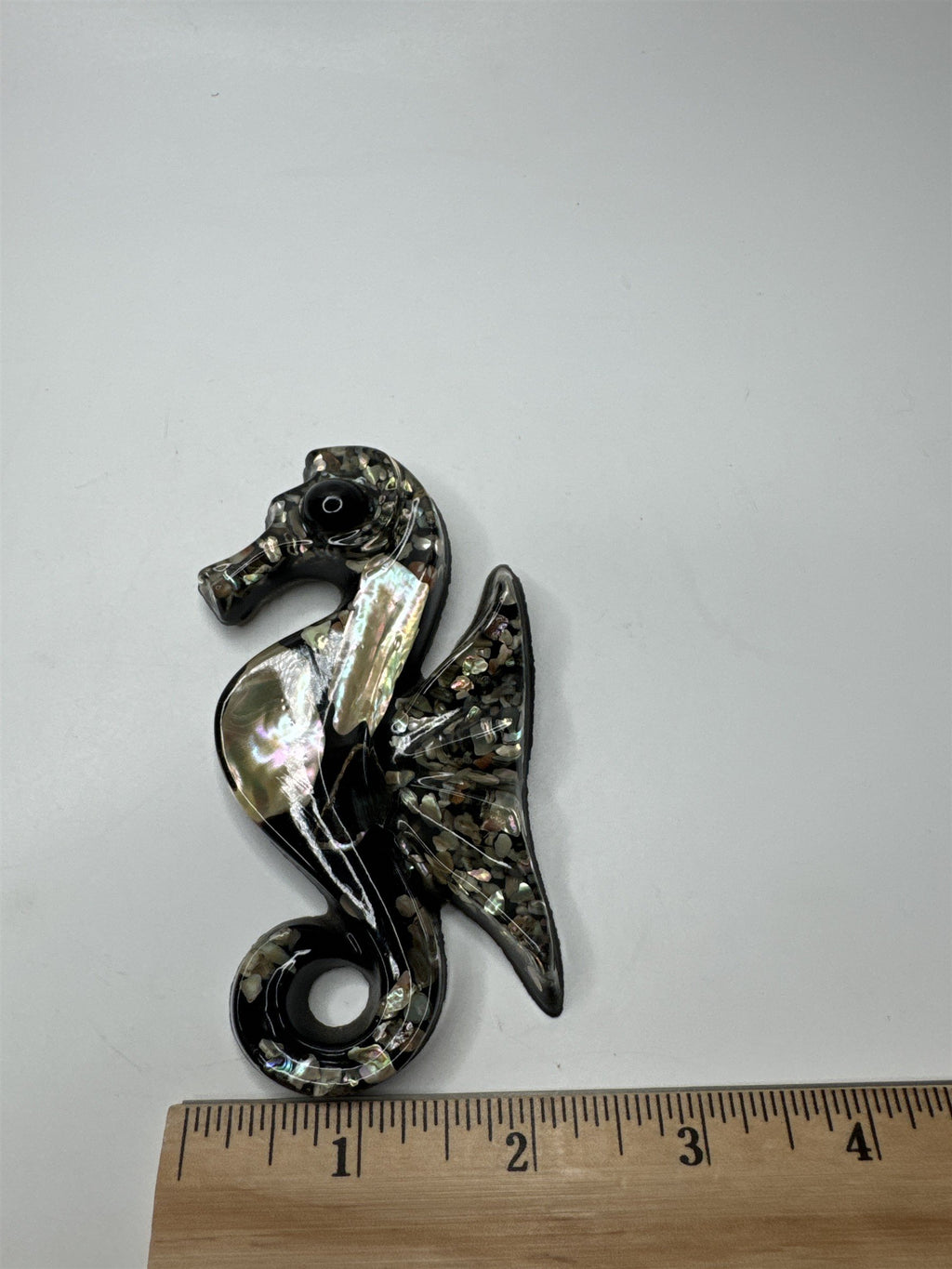 Vtg 1960s Lucite Black Seahorse Wall Hanging Abalone Shell Mother of Pearl MCM