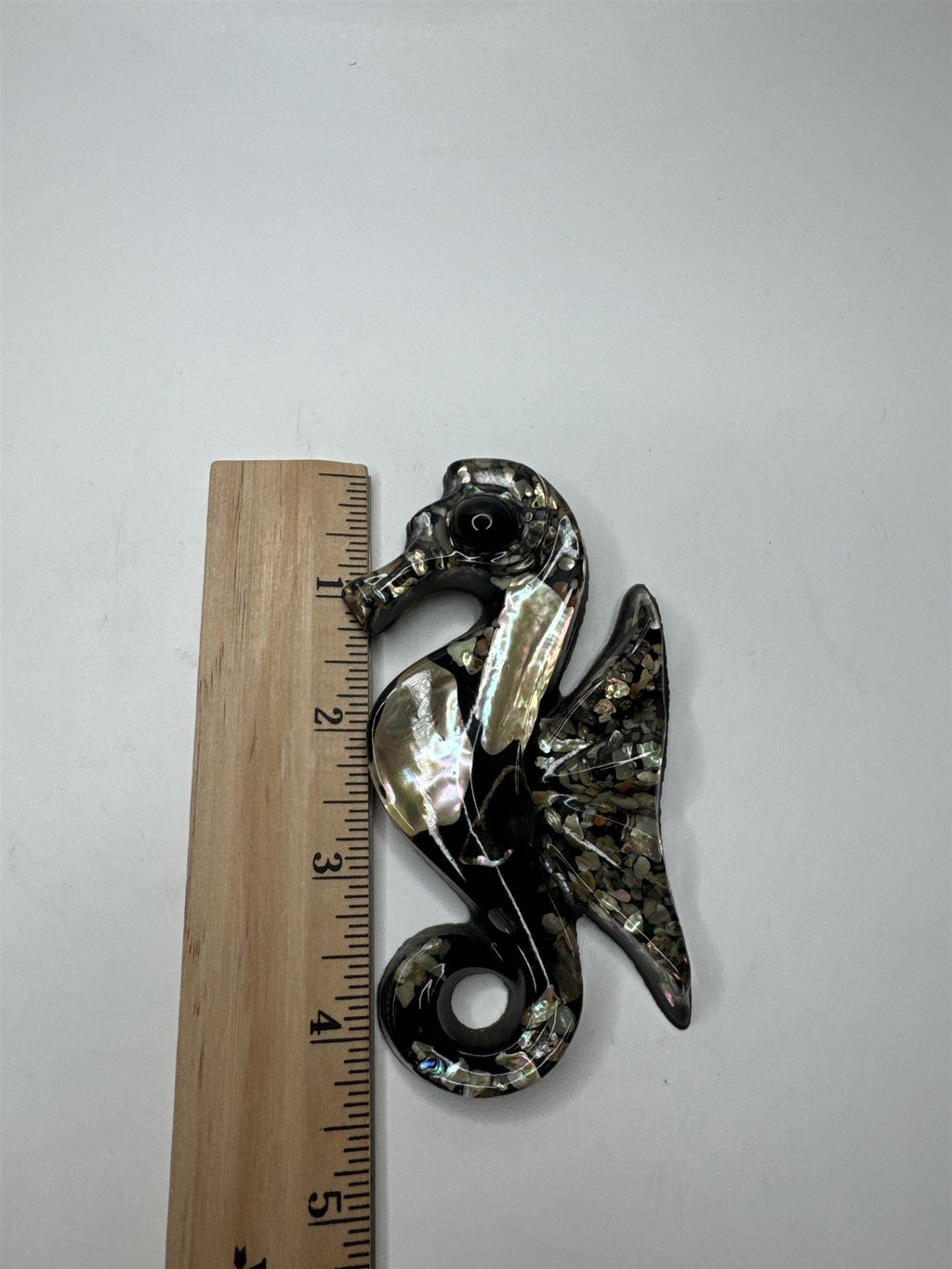 Vtg 1960s Lucite Black Seahorse Wall Hanging Abalone Shell Mother of Pearl MCM