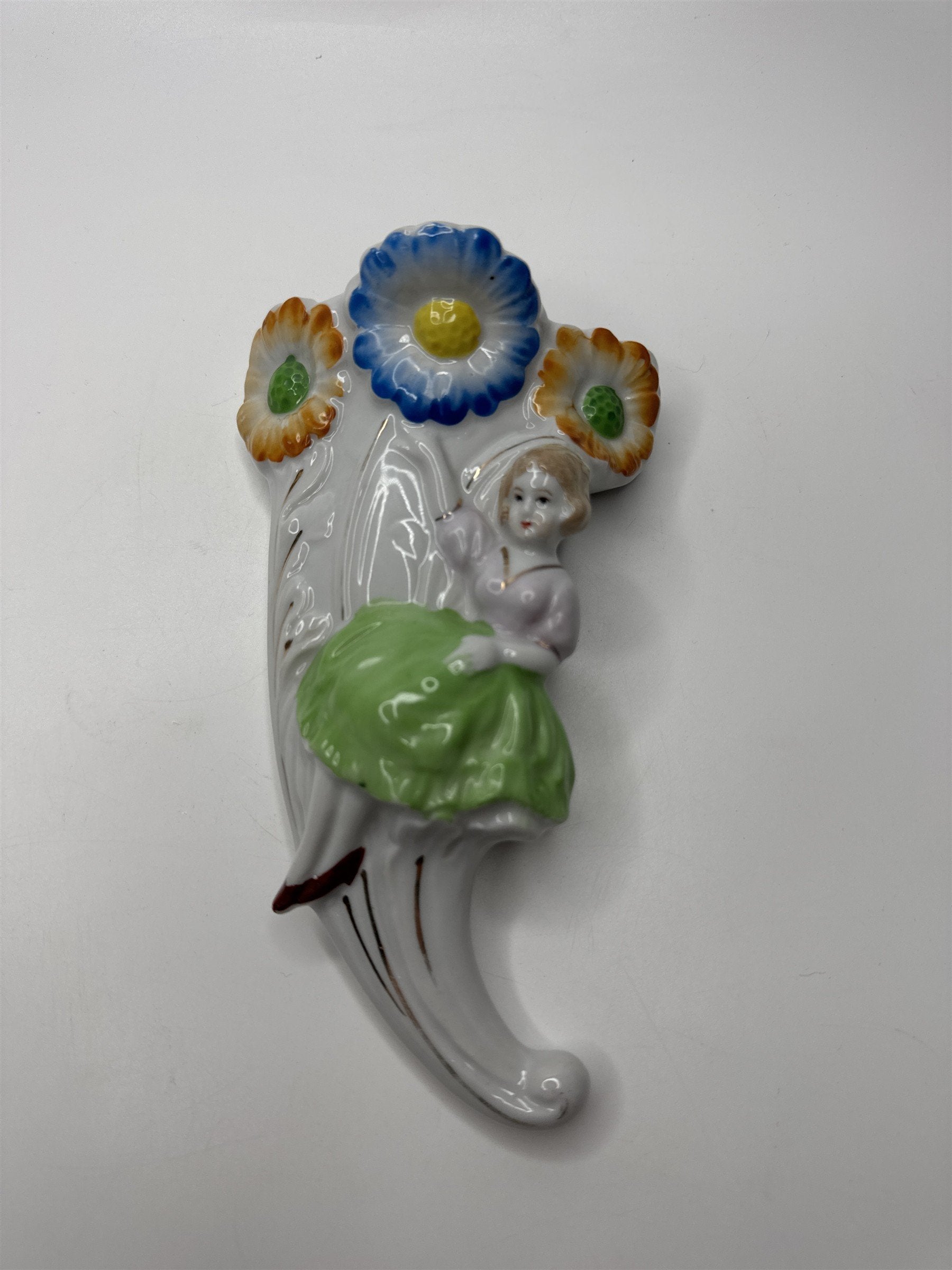 Vintage 1950s Japan Art Deco Wall Pocket Vase Floral Girl Cottage Core Planter